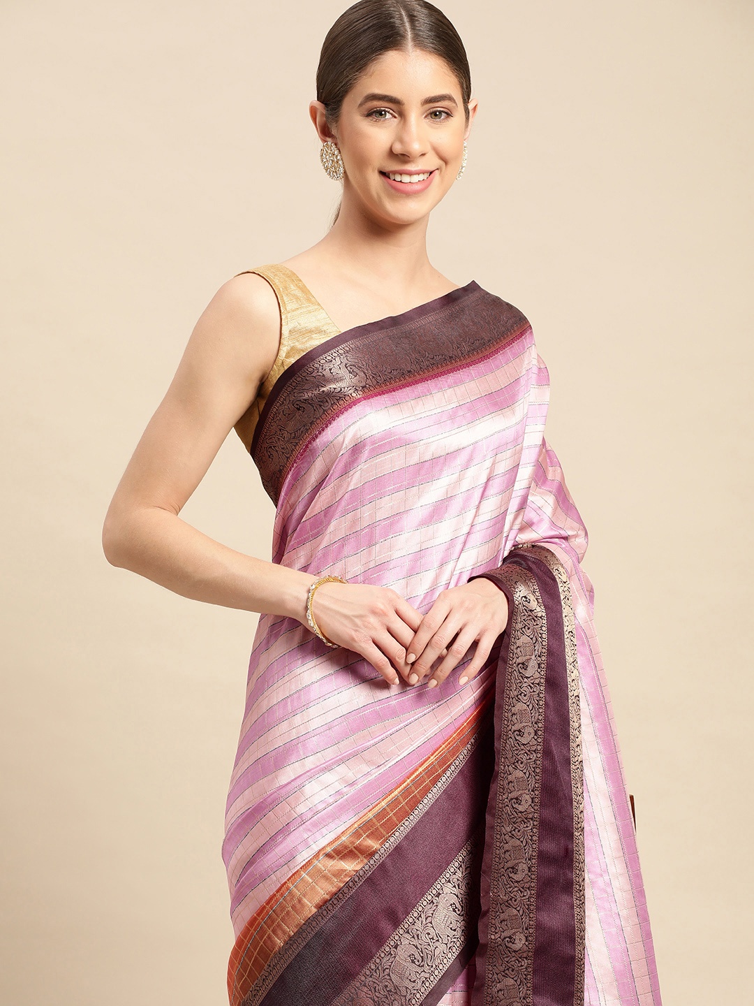 

VASTRANAND Striped Zari Silk Blend Banarasi Saree, Multi