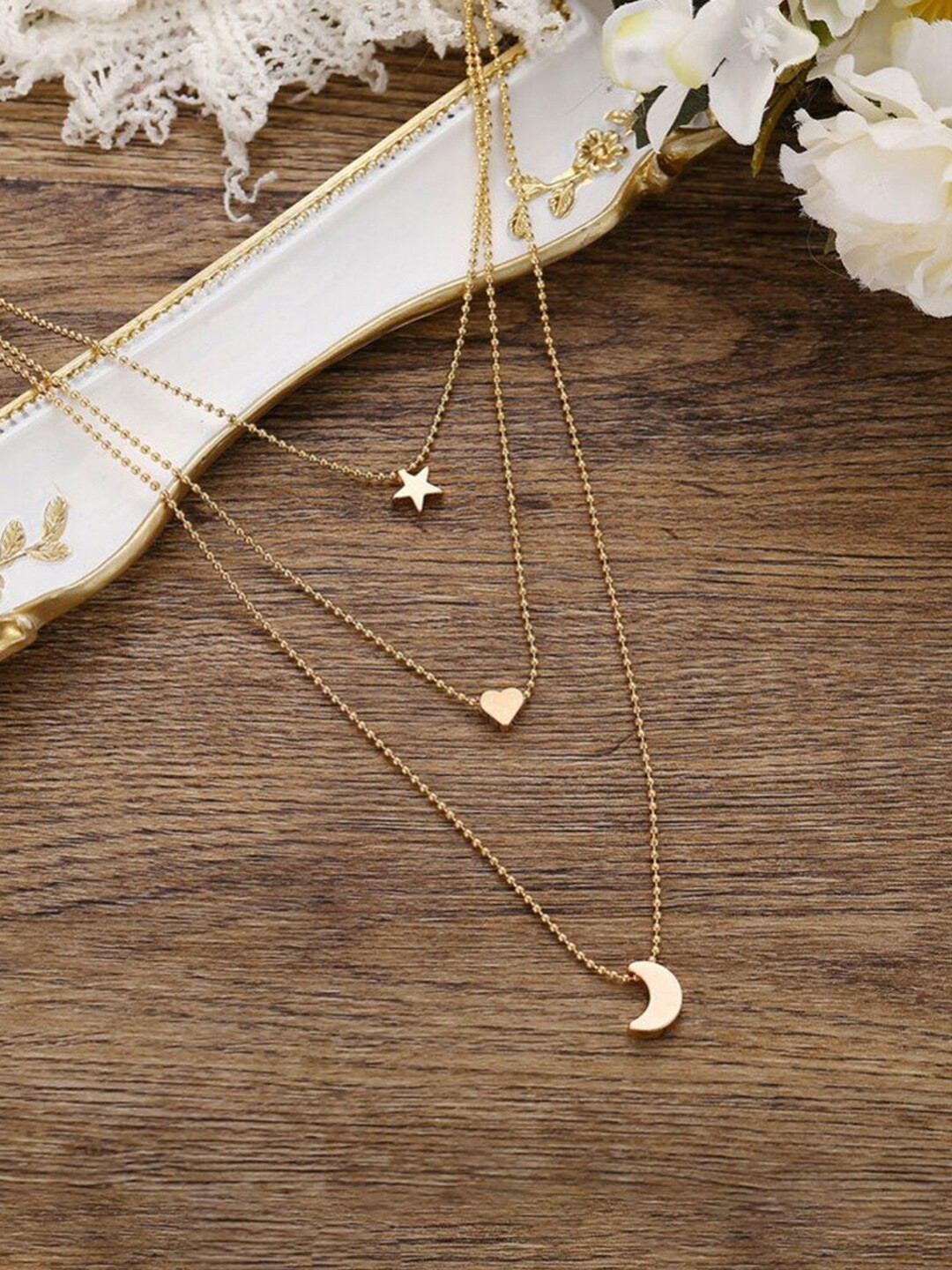 

Jewels Galaxy Brass Gold-Plated Star-Moon-Heart Layered Necklace, White