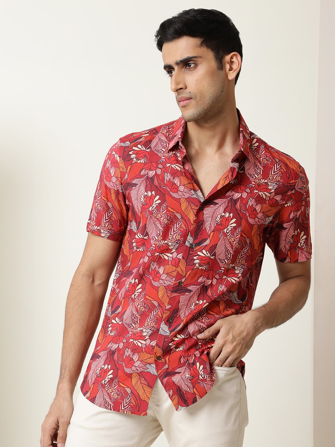 

RARE RABBIT Men Floral Printed Slim Fit Casual Shirt, Red