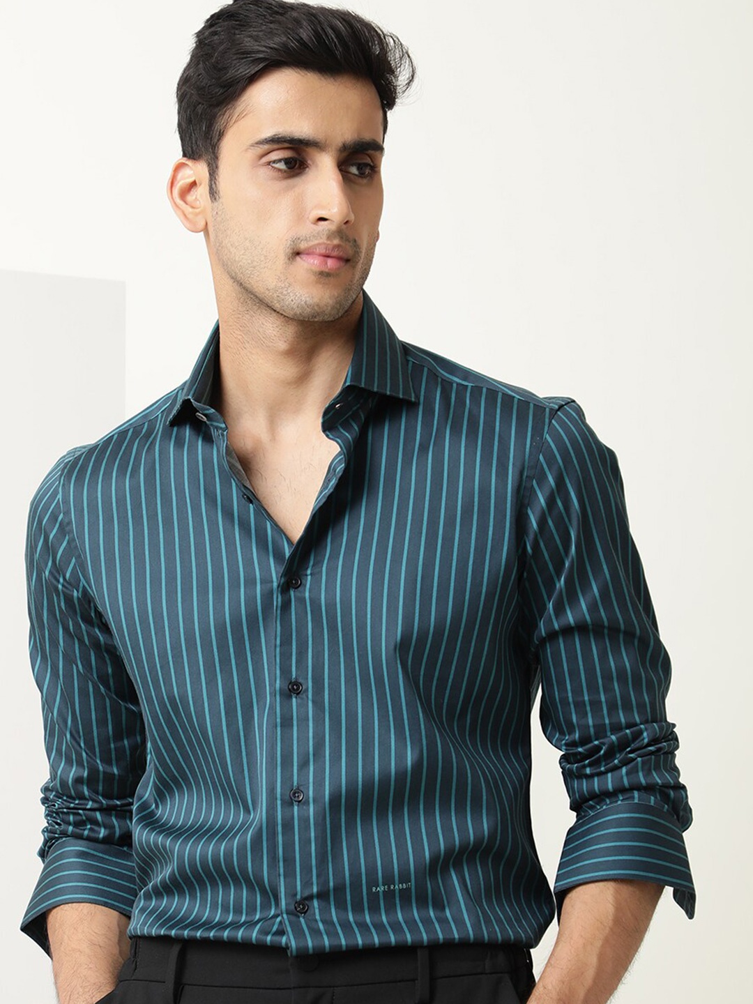 

RARE RABBIT Men Leto Vertical Striped Slim Fit Formal Cotton Shirt, Green