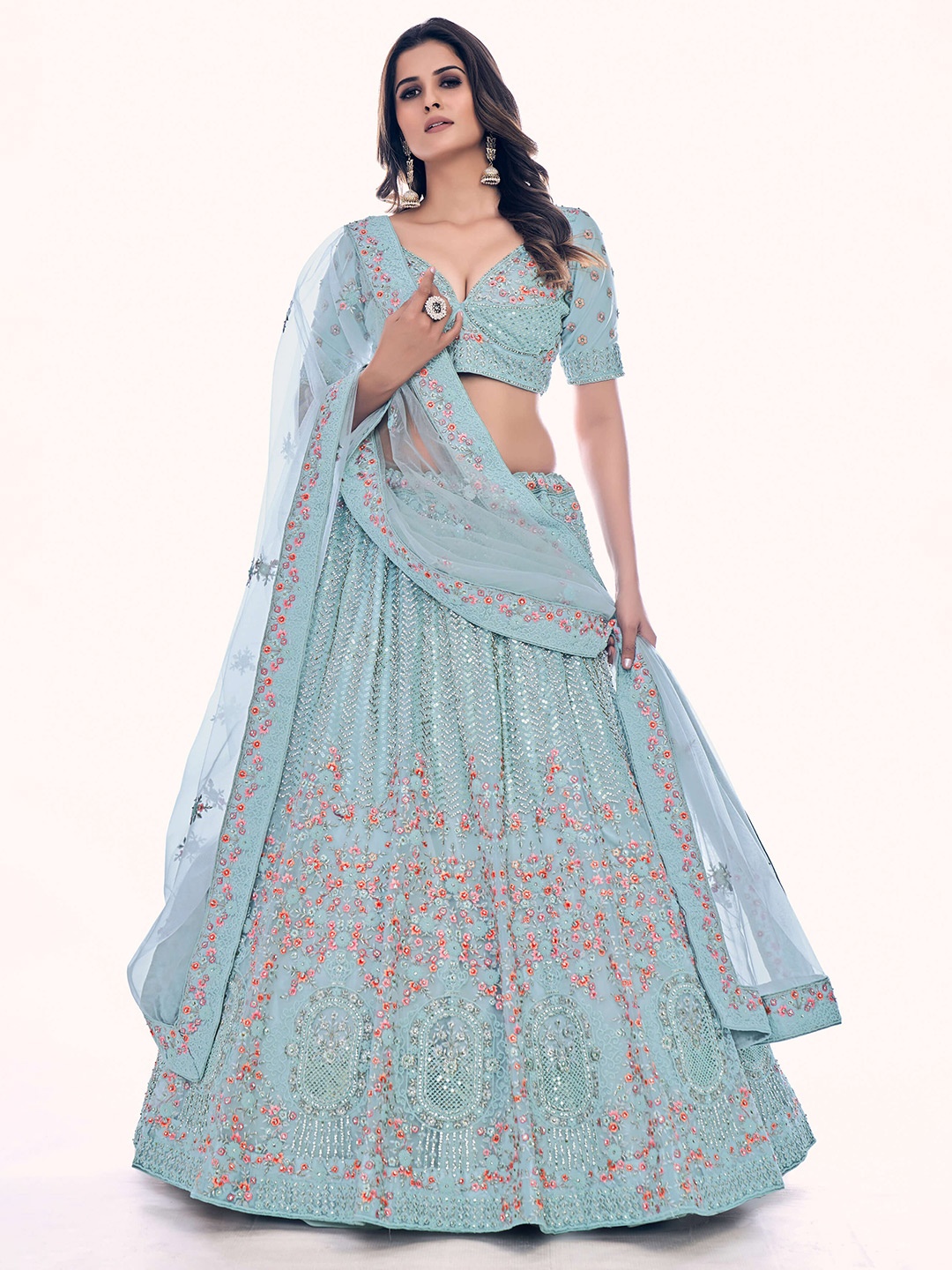 

Fusionic Embroidered Thread Work Semi-Stitched Lehenga & Unstitched Blouse With, Turquoise blue