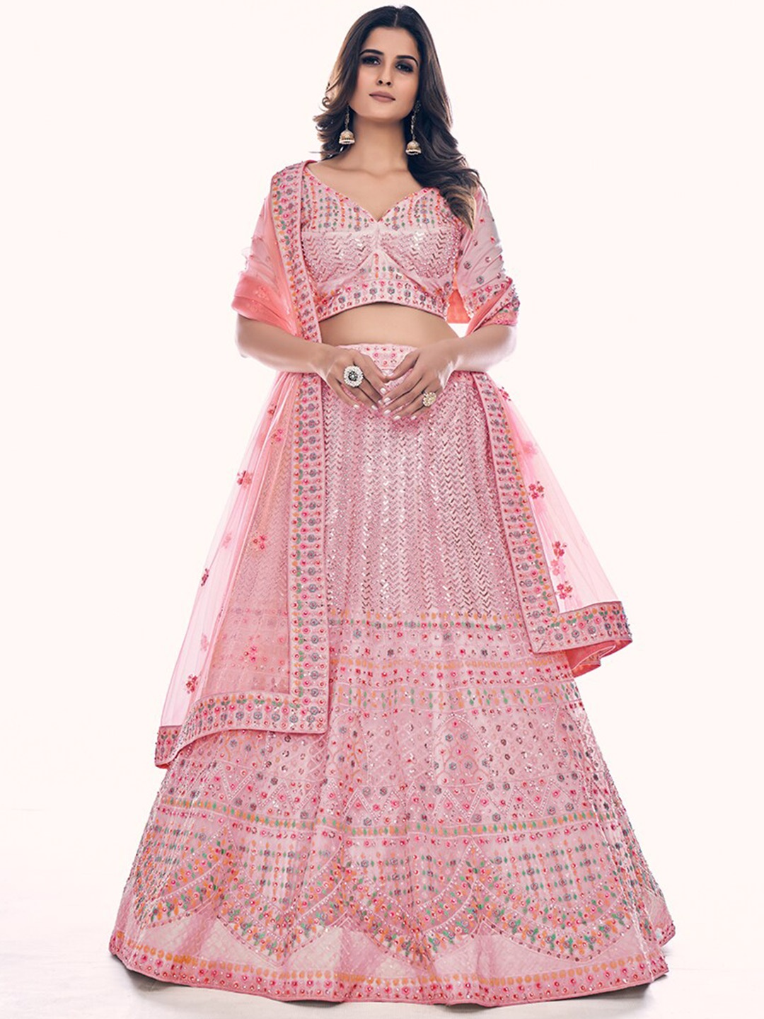 

FusionicEmbroidered Semi-Stitched Lehenga & Unstitched Blouse With Dupatta, Pink