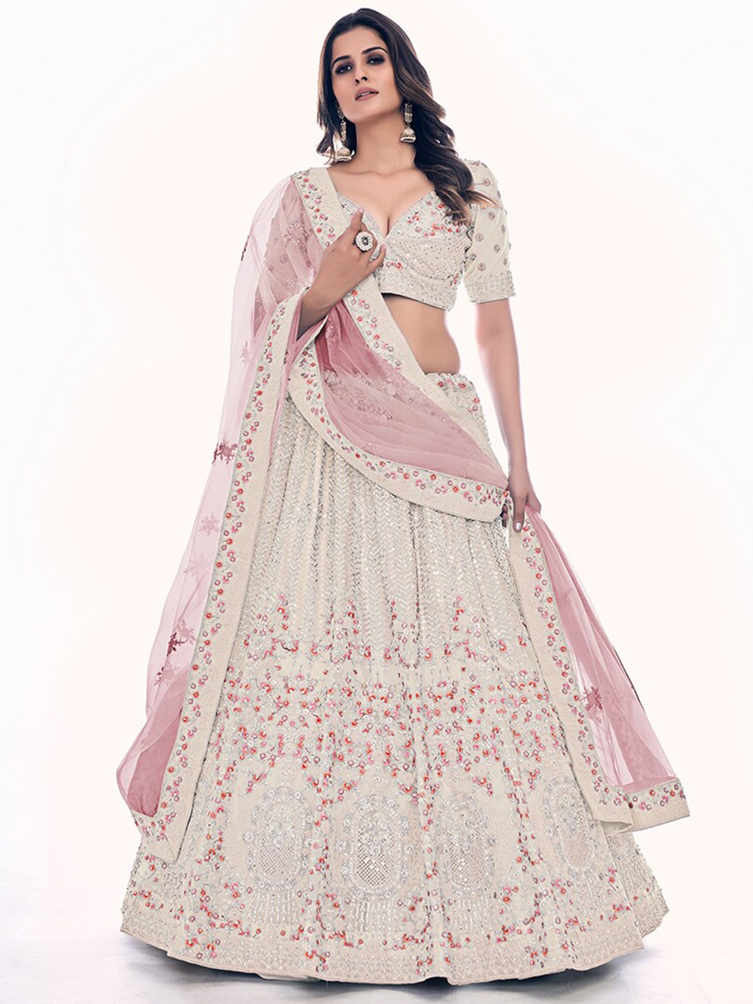 

Fusionic Embroidered Sequinned Semi-Stitched Lehenga & Unstitched Blouse With Dupatta, White