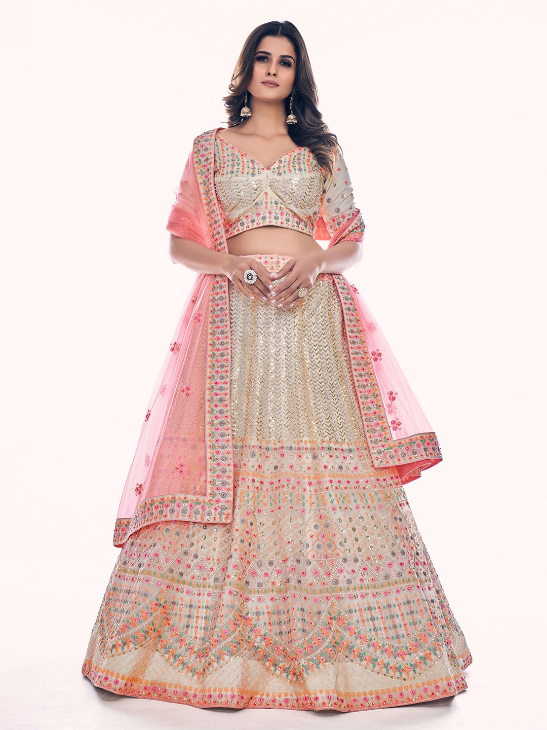 

Fusionic Embellished Sequinned Semi-Stitched Lehenga & Unstitched Blouse With Dupatta, White