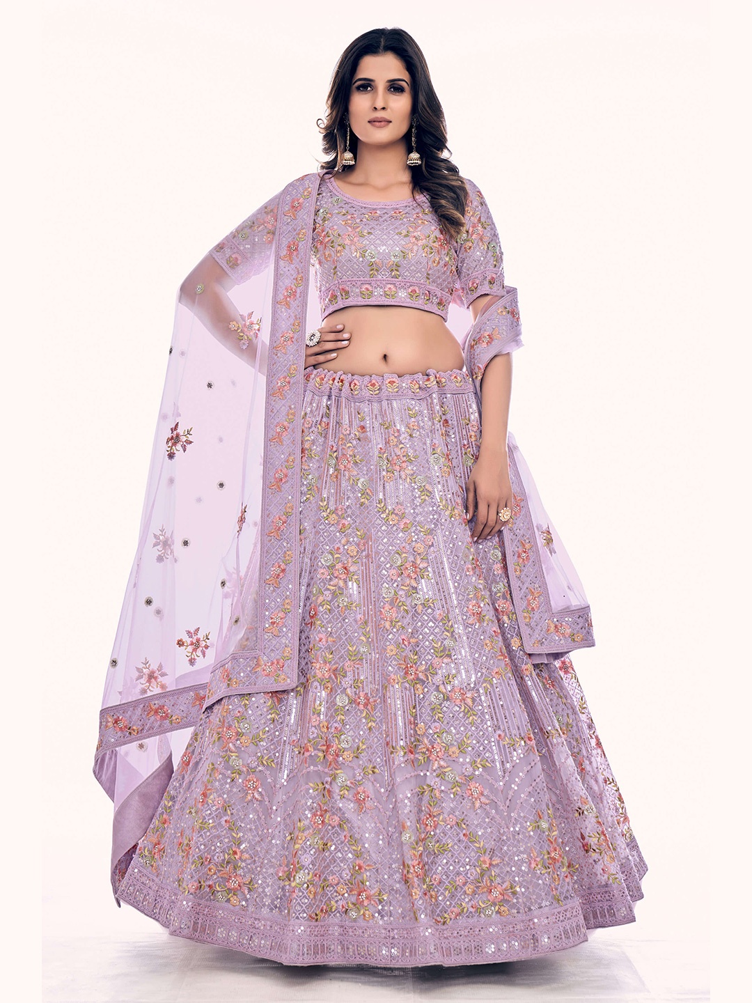 

Fusionic Embellished Beads & Stones Semi-Stitched Lehenga & Unstitched Blouse With Dupatta, Lavender