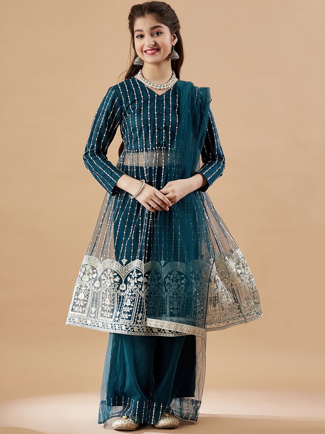 

Cherry & Jerry Girls Striped Embroidered Mesh Empire Sequinned Kurta & Sharara & Dupatta, Teal