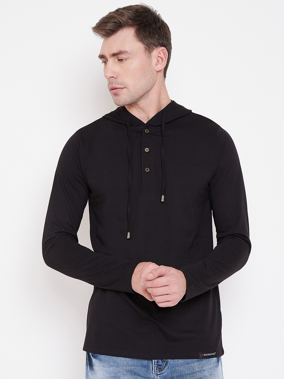 

LE BOURGEOIS Men Hooded Long Sleeve T-shirt, Black
