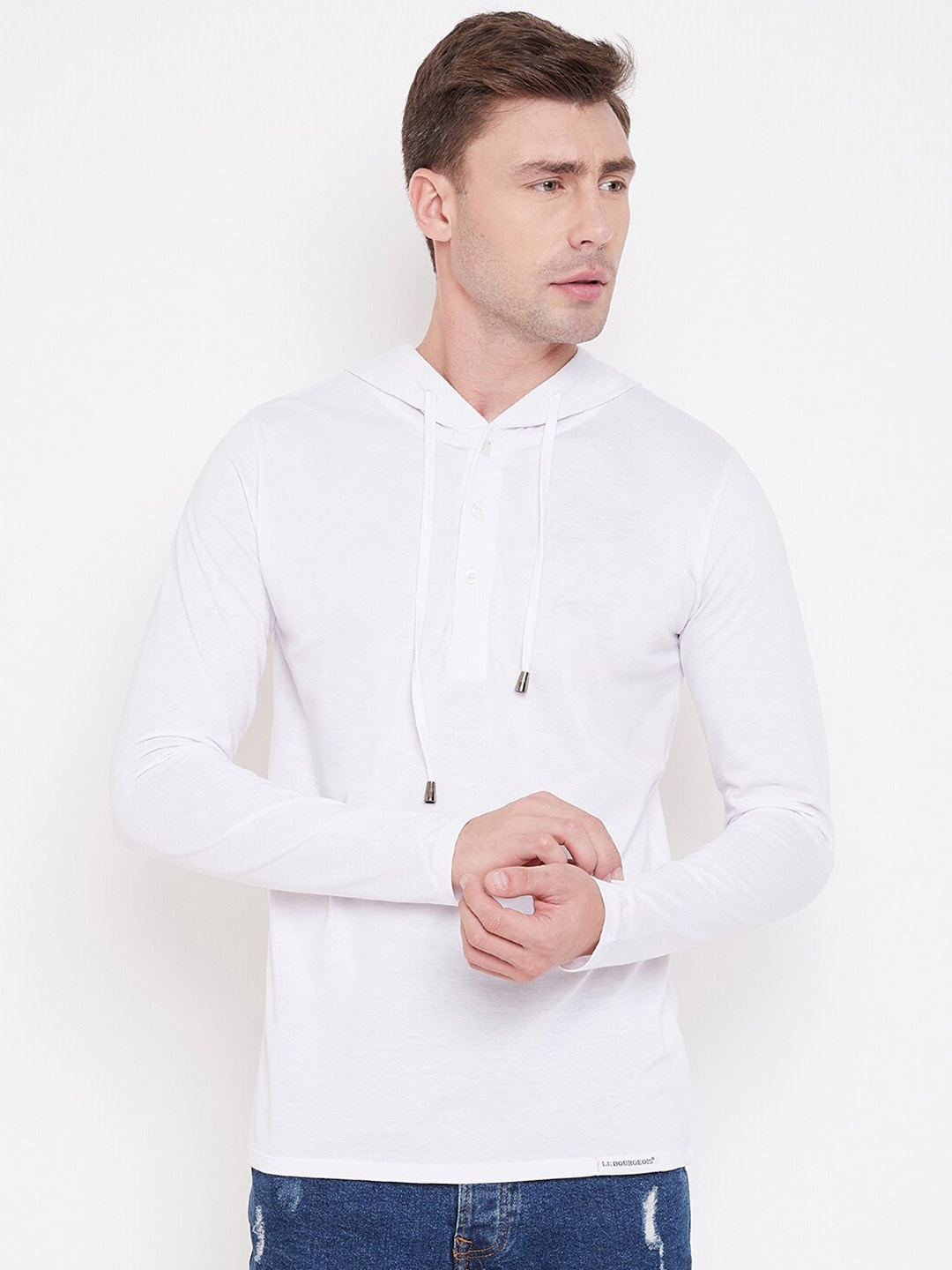 

LE BOURGEOIS Men Hooded Full Sleeve T-shirt, White