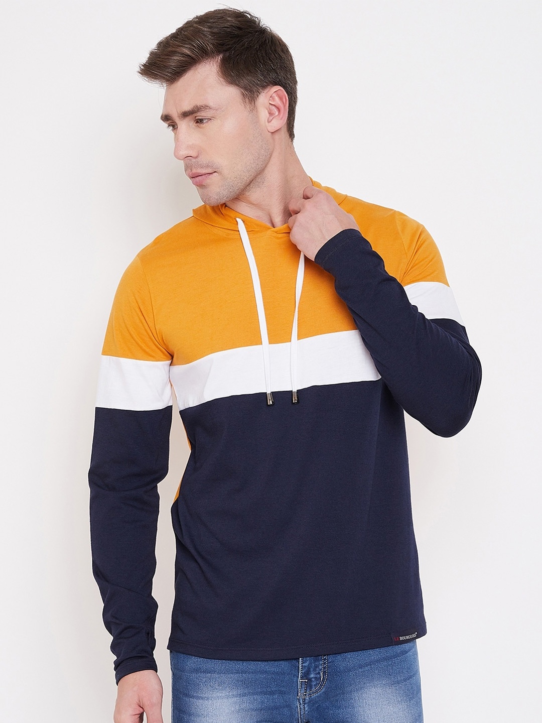 

LE BOURGEOIS Men Hooded Colourblocked T-shirt, Mustard