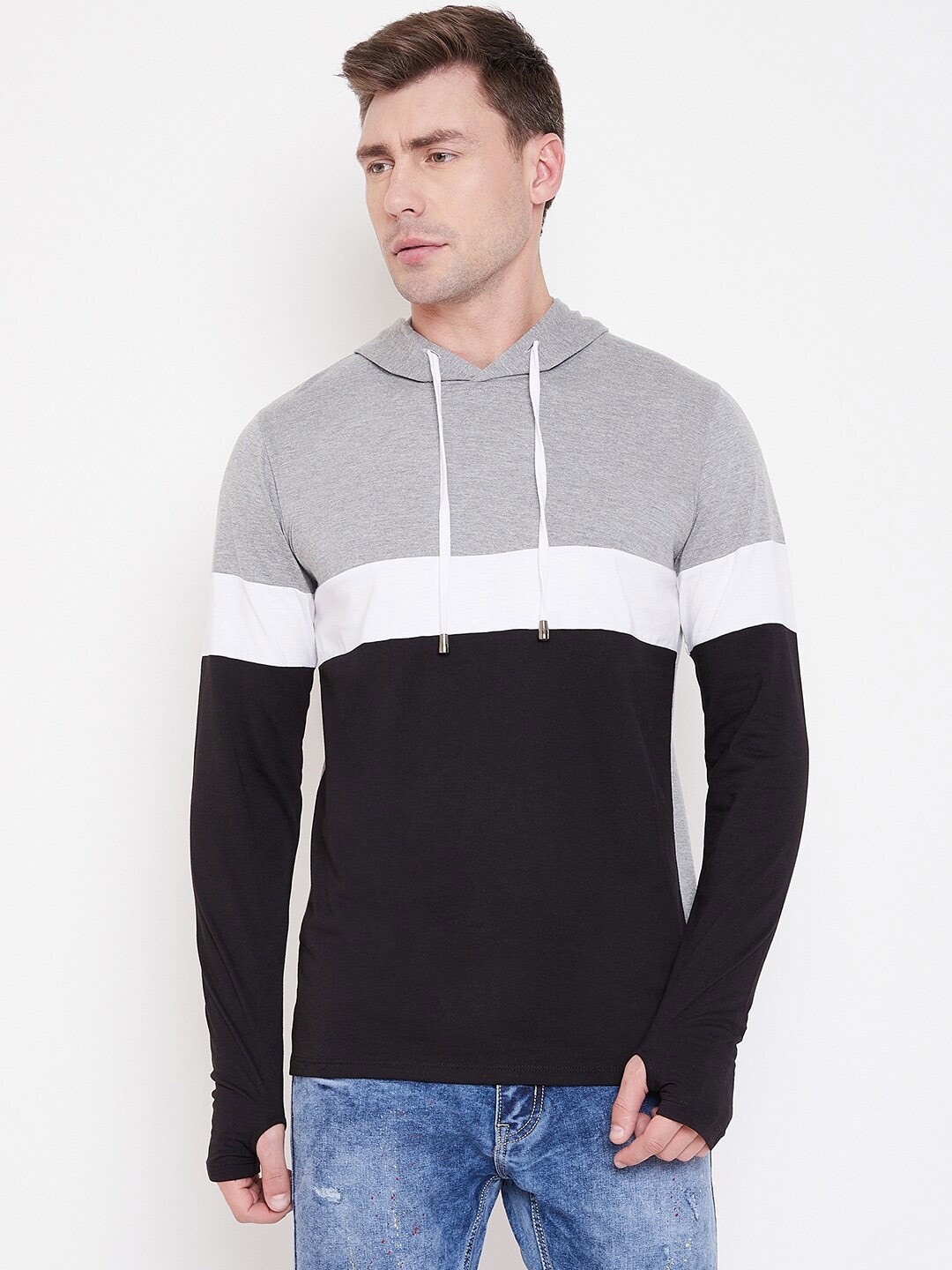 

LE BOURGEOIS Colourblocked Hooded Long Sleeve T-shirt, Grey