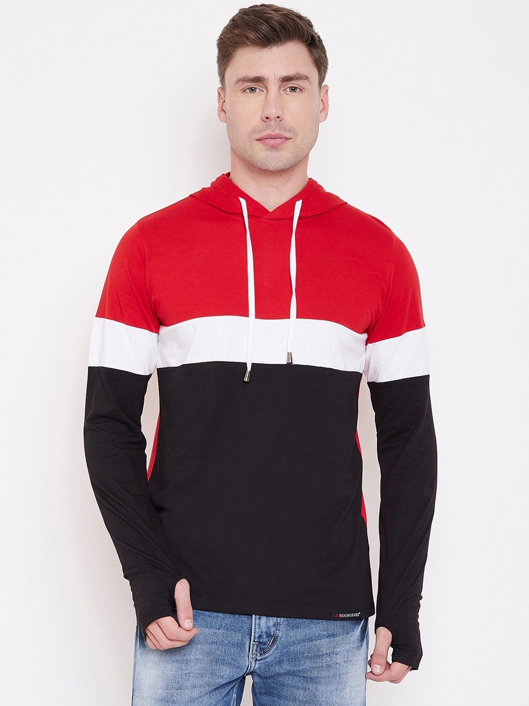 

LE BOURGEOIS Colourblocked Full Sleeve Hooded T-shirt, Red