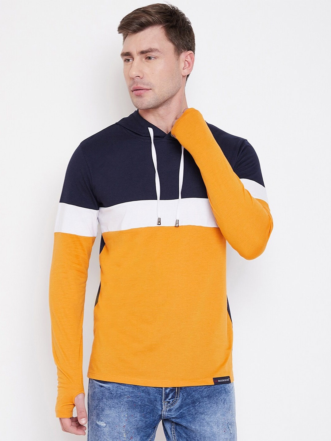 

LE BOURGEOIS Men Colourblocked Hooded T-shirt, Mustard