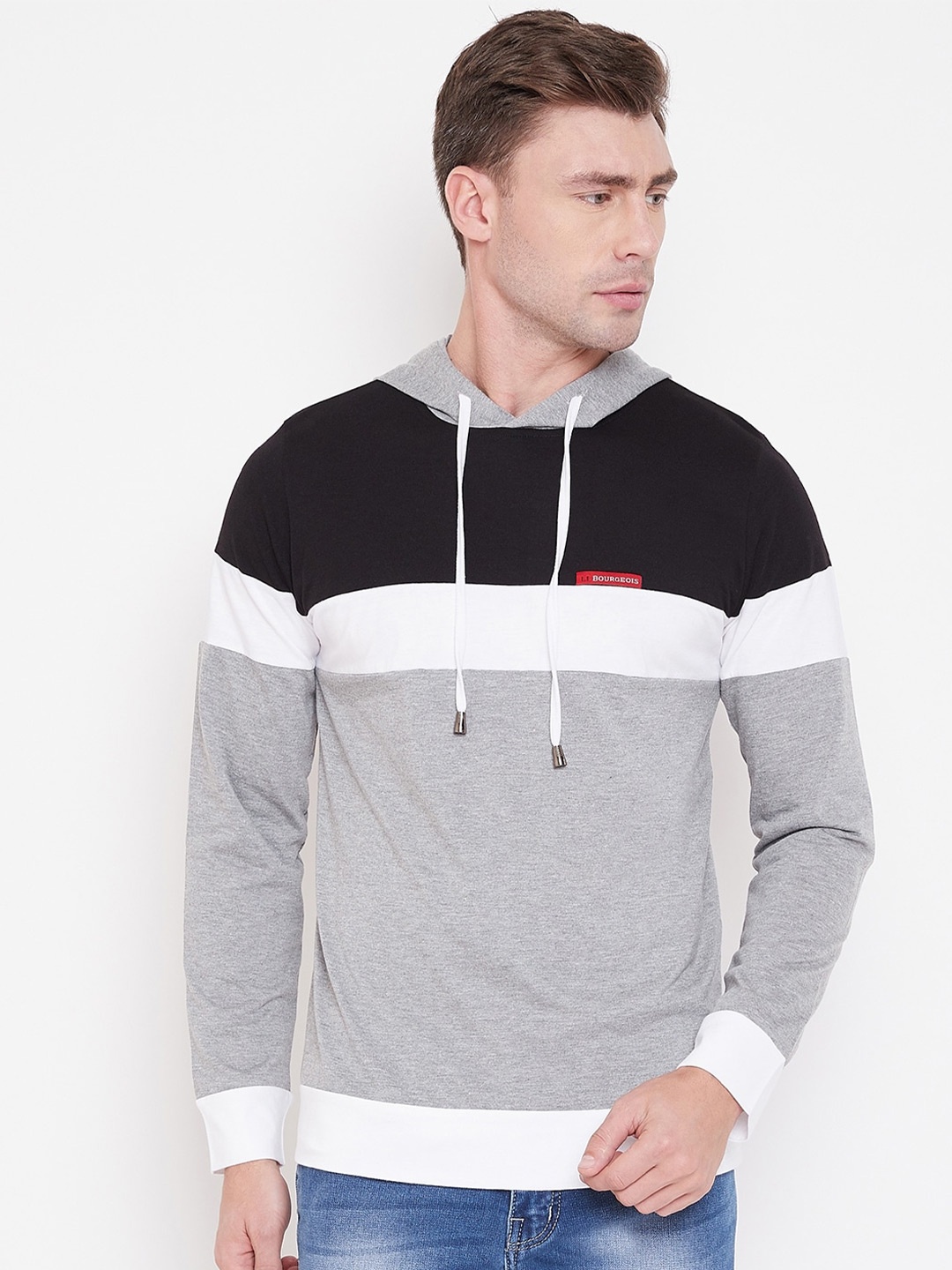

LE BOURGEOIS Men Colourblocked Hooded T-shirt, Grey melange