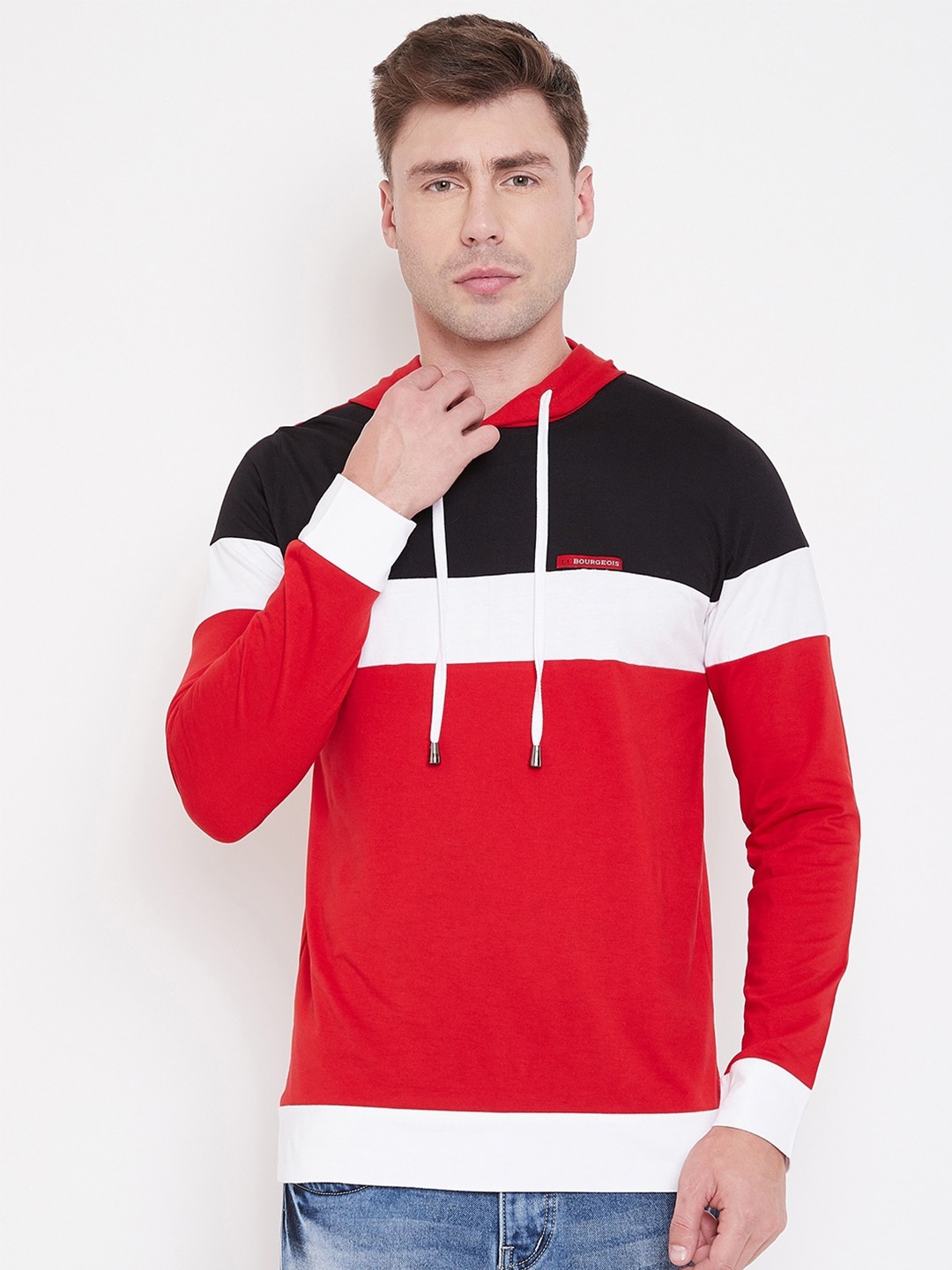 

LE BOURGEOIS Colourblocked Long Sleeve Hooded T-shirt, Red
