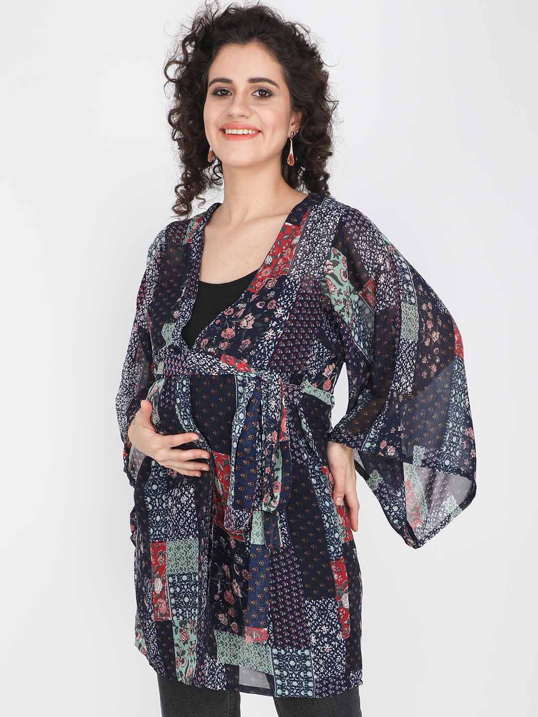 

angloindu Floral Printed Kimono Sleeve Top, Navy blue