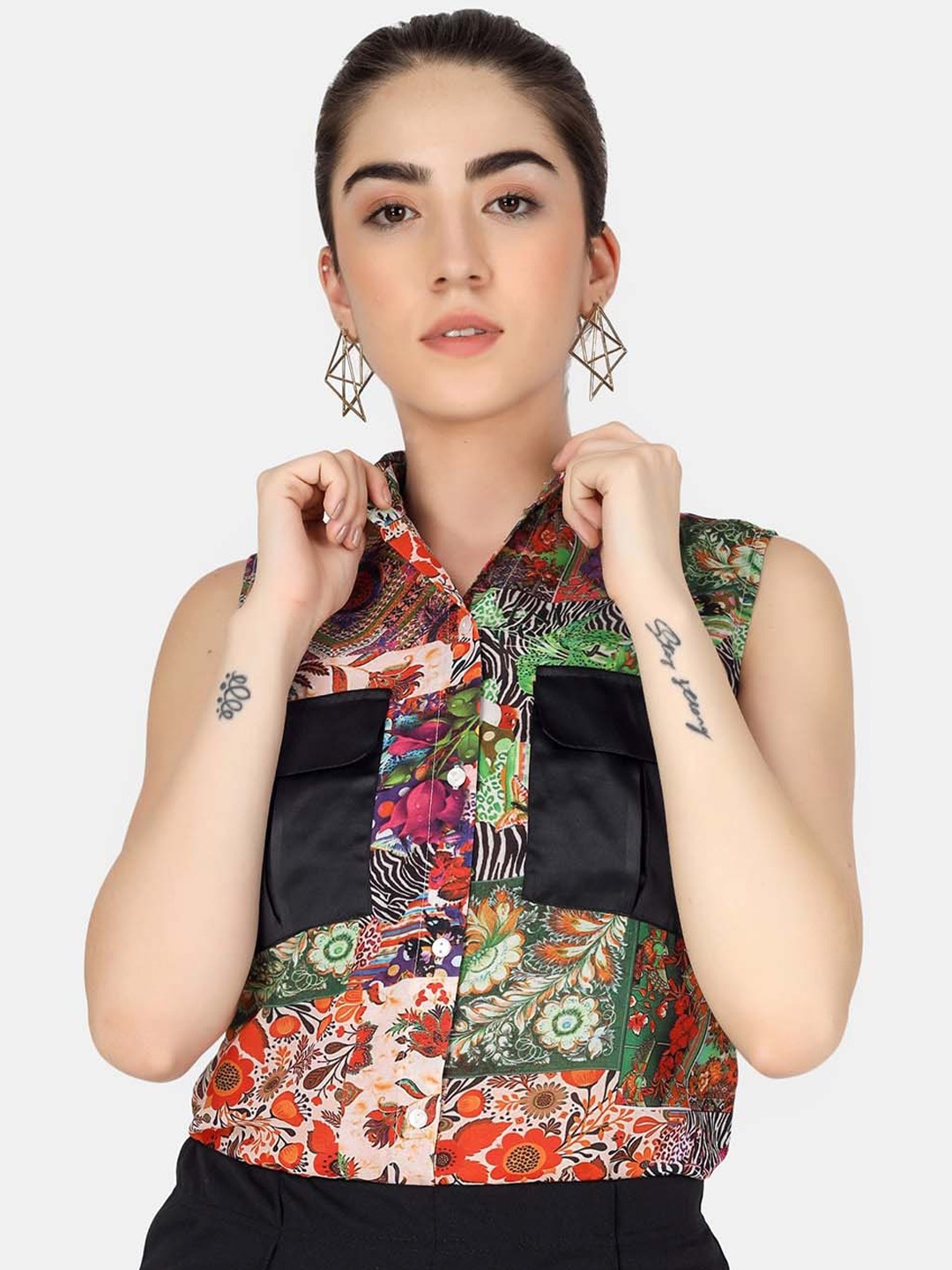 

angloindu Red Floral Print Mandarin Collar Georgette Shirt Style Top