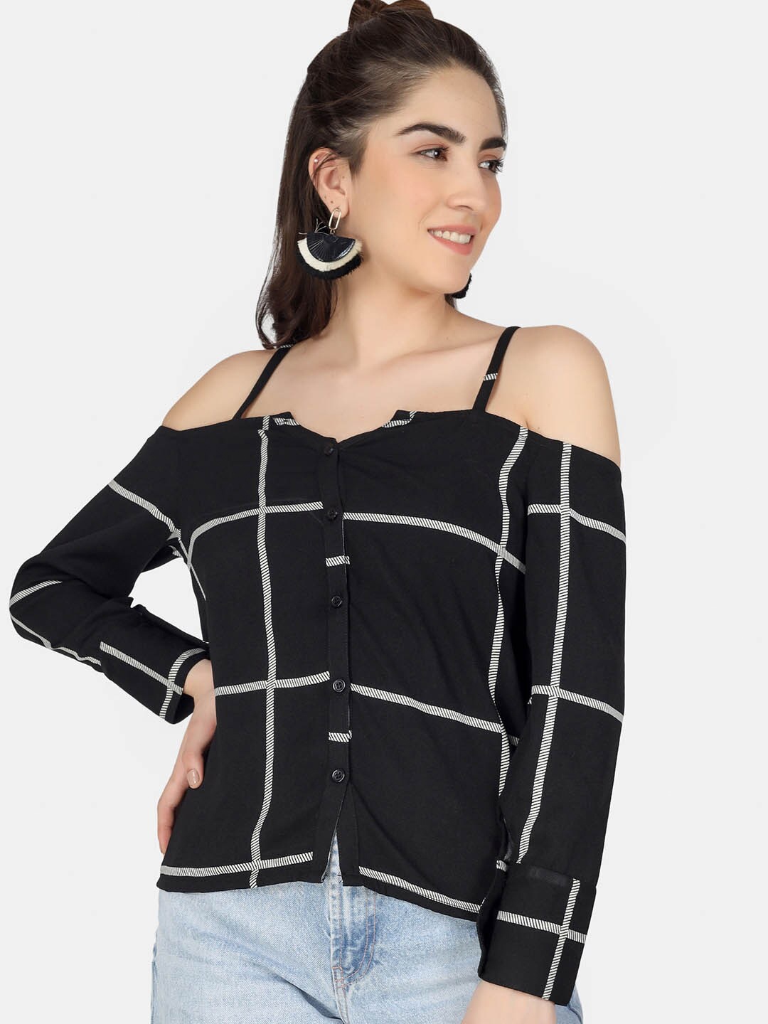 

angloindu Checked Shirt Style Top, Black