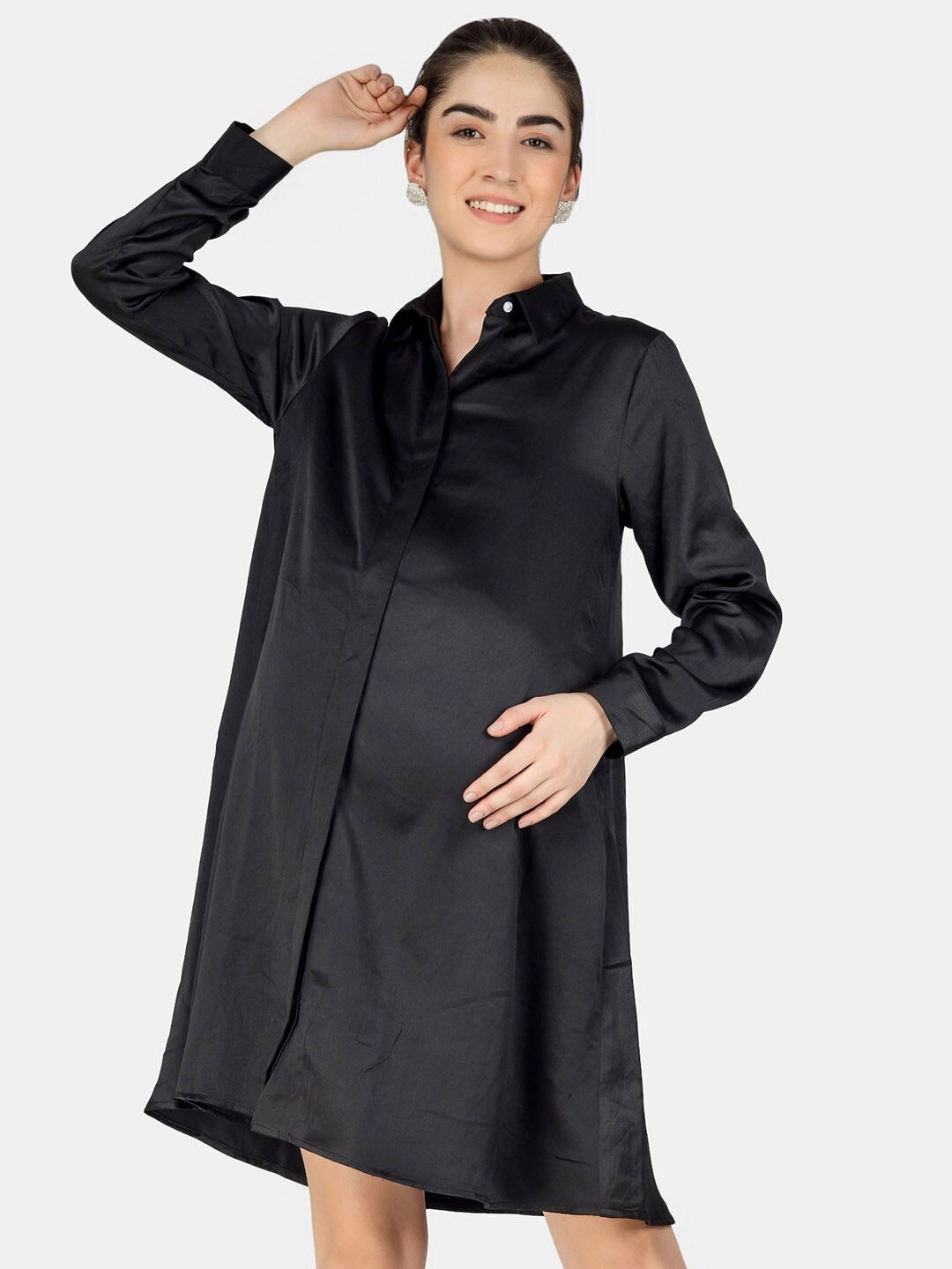 

angloindu Black Tie-Up Neck Satin Maternity A-Line Dress