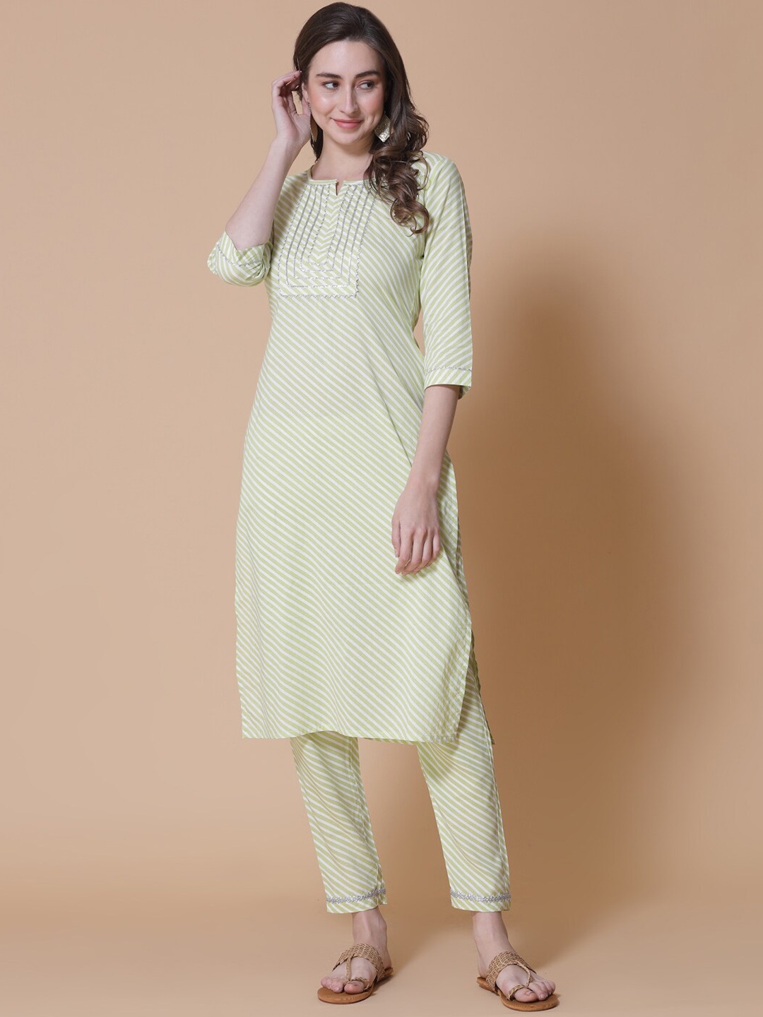 

God Bless Women Leheriya Printed Gotta Patti Kurta with Trousers, Lime green