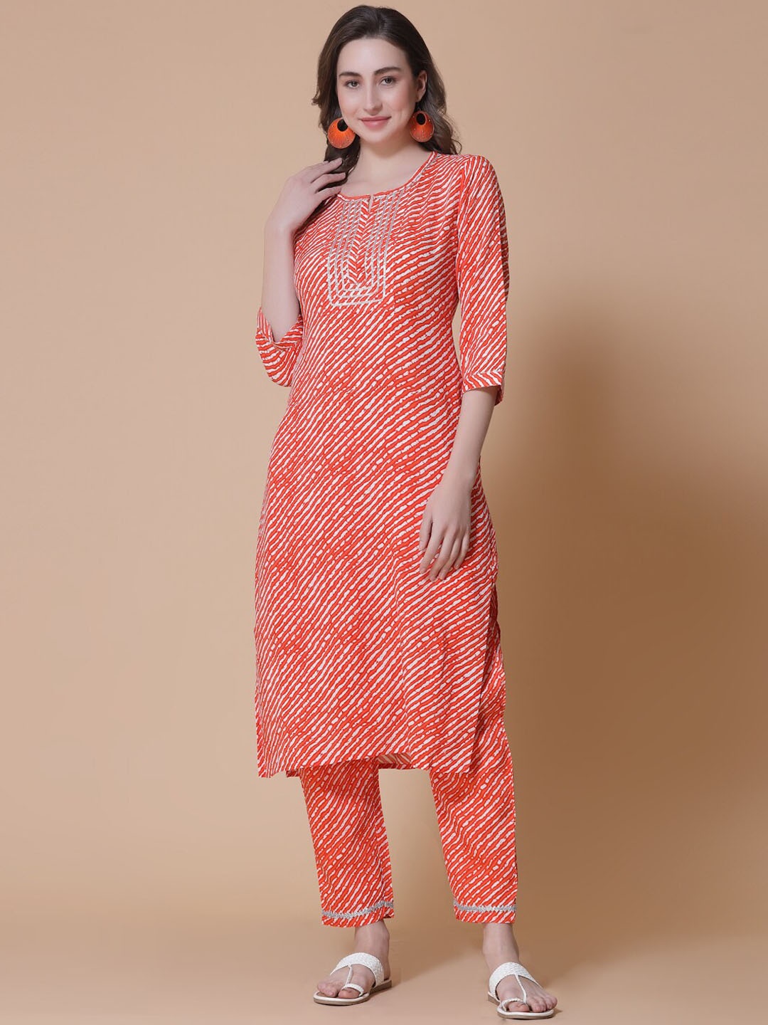 

God Bless Women Leheriya Printed Gotta Patti Kurta with Trousers, Orange