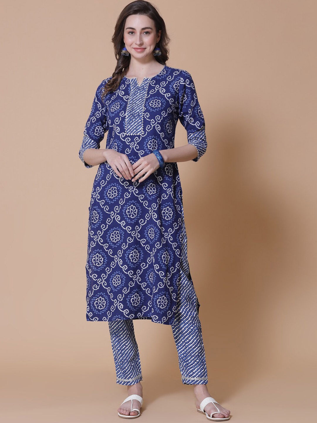 

God Bless Bandhani Printed Gotta Patti Kurta with Trousers, Blue