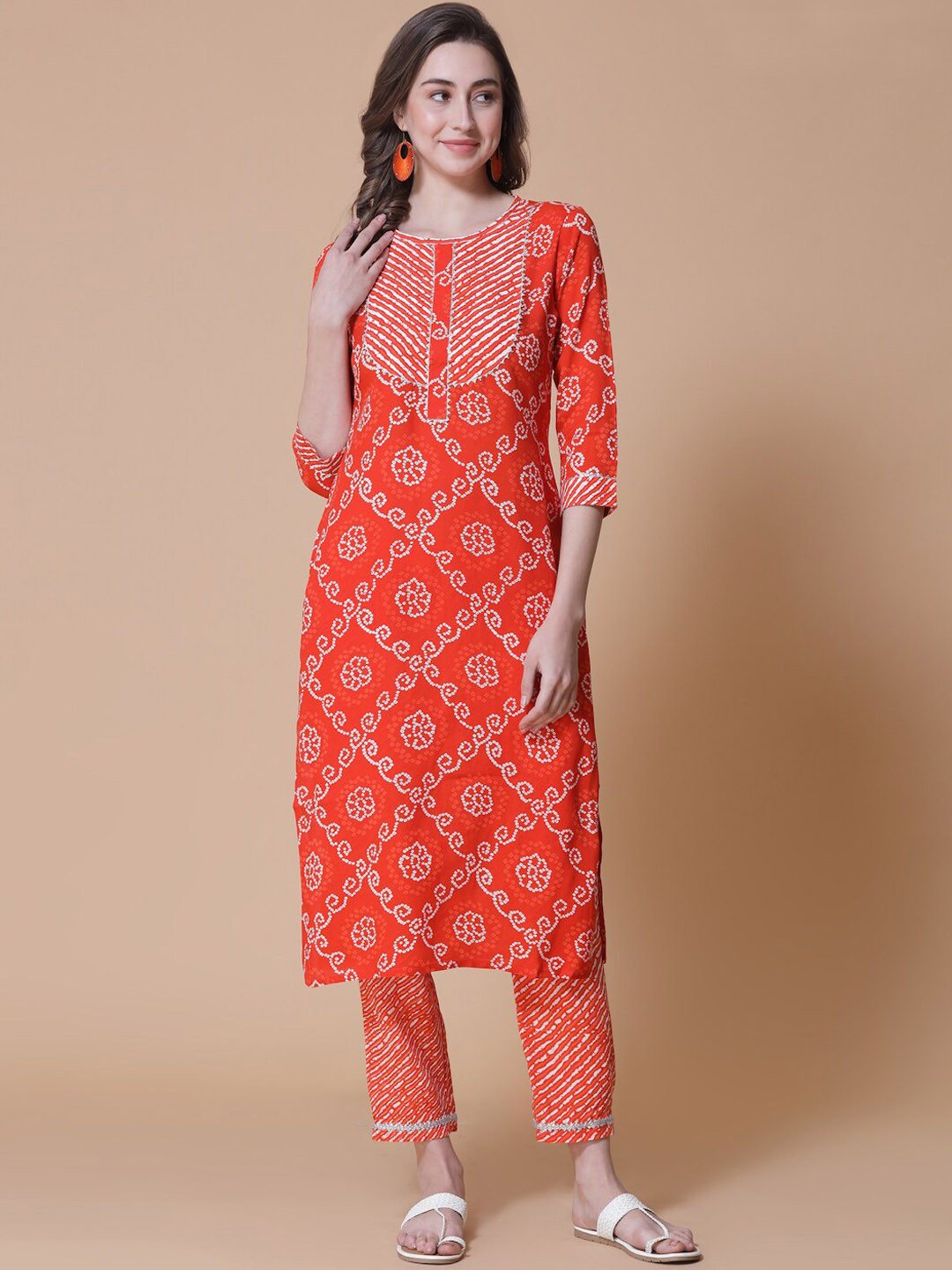 

God Bless Women Bandhani Printed Gotta Patti Kurta with Trousers, Orange