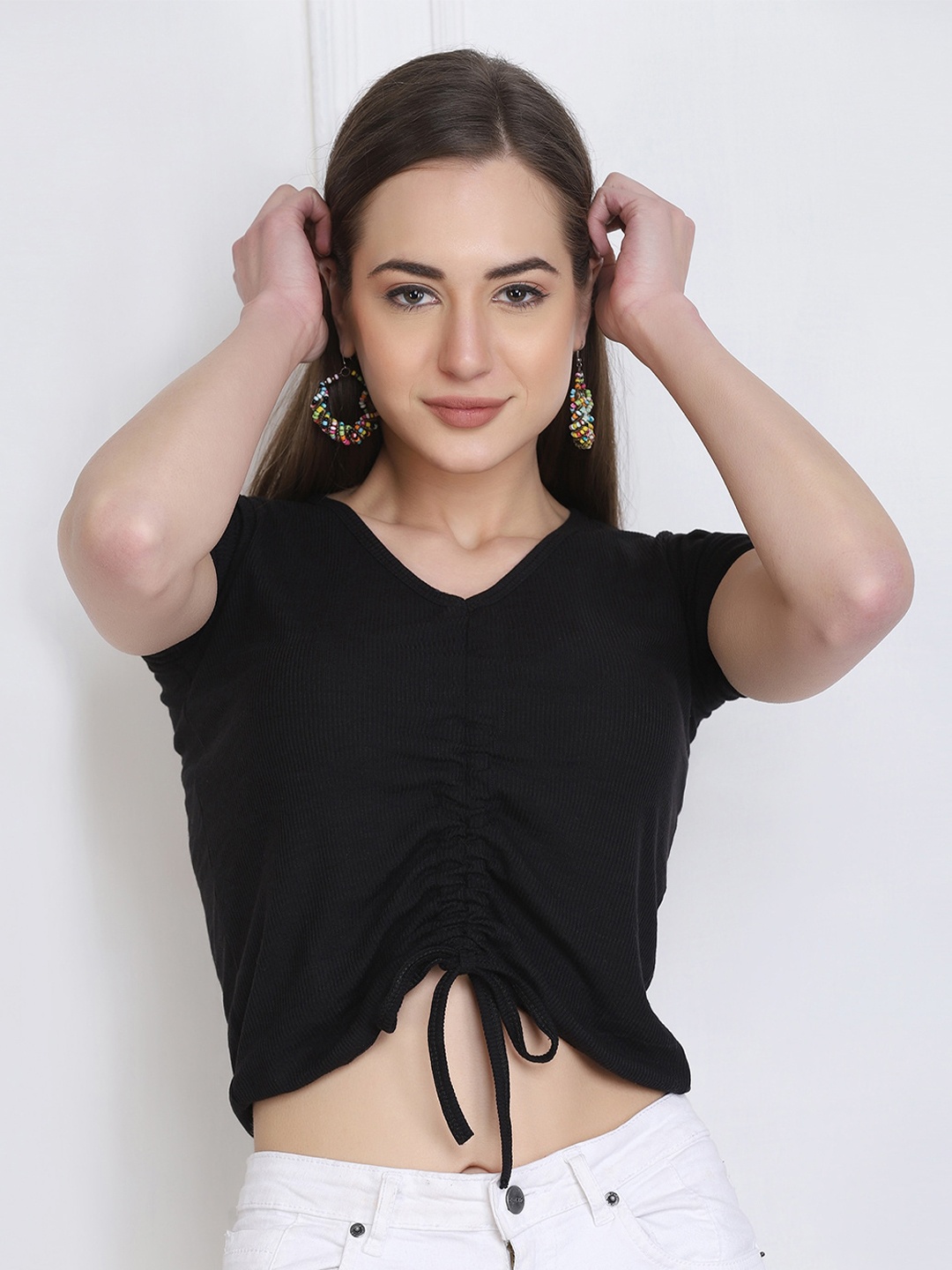 

BUY NEW TREND V Neck Ruched Crop Top, Black