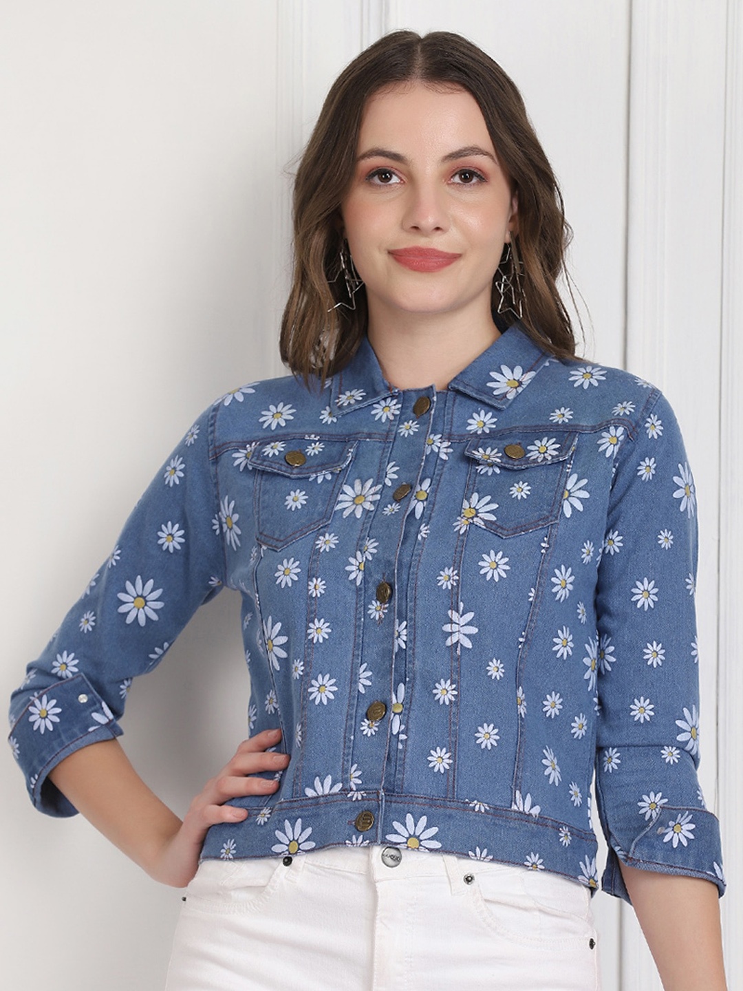 

BUY NEW TREND Women Printed Cotton Lightweight Denim Jacket, Blue