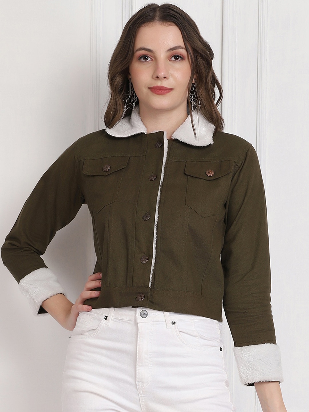 

BUY NEW TREND Women Cotton Lightweight Crop Tailored Jacket, Green