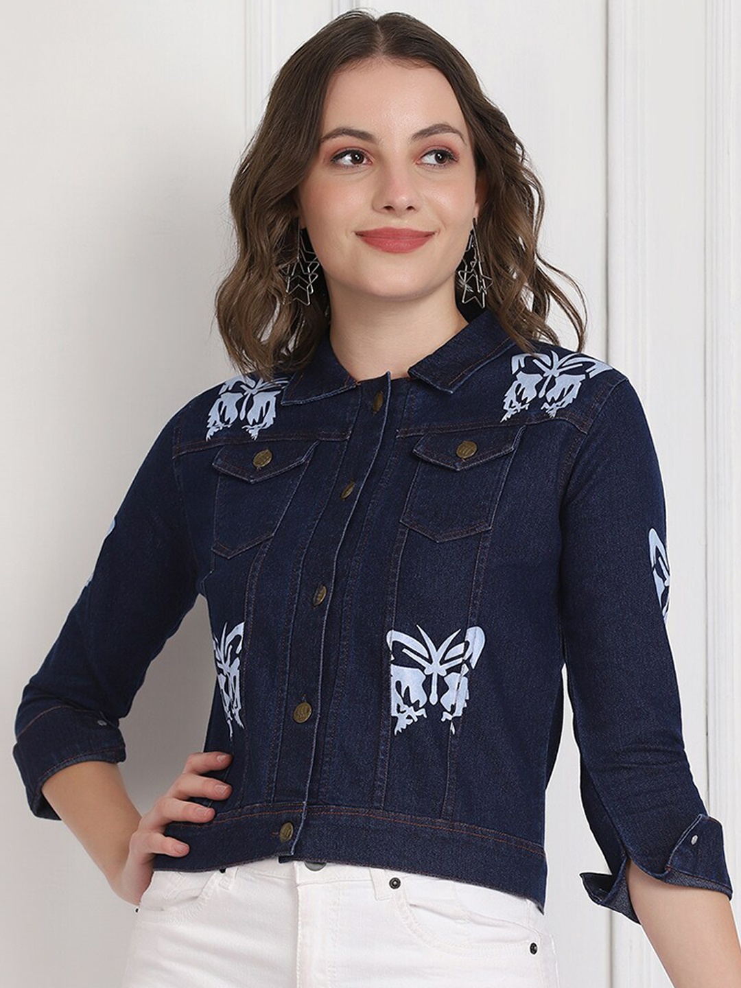 

BUY NEW TREND Women Printed Cotton Lightweight Denim Jacket, Blue
