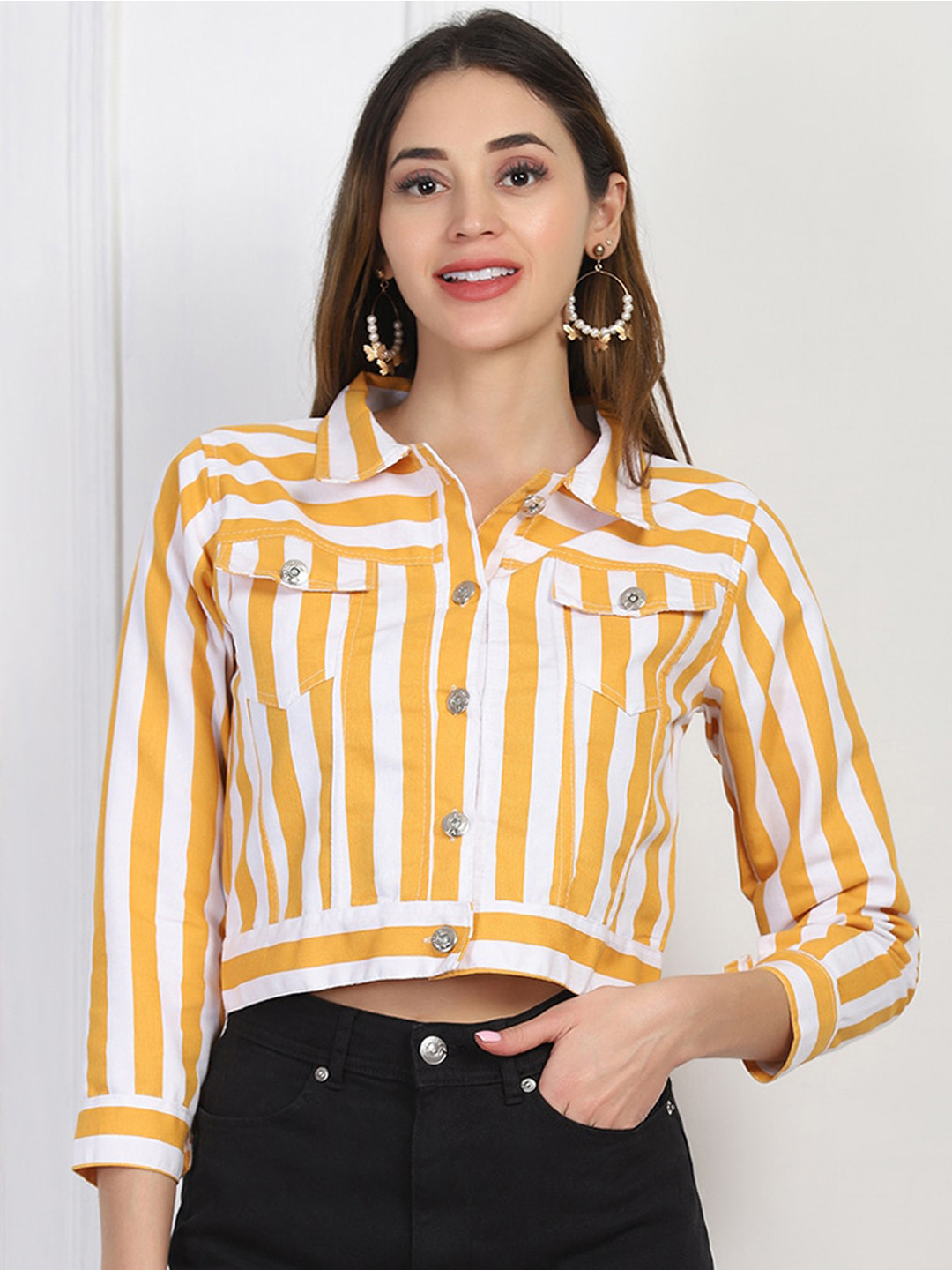 

BUY NEW TREND Women Striped Cotton Lightweight Tailored Jacket, Yellow