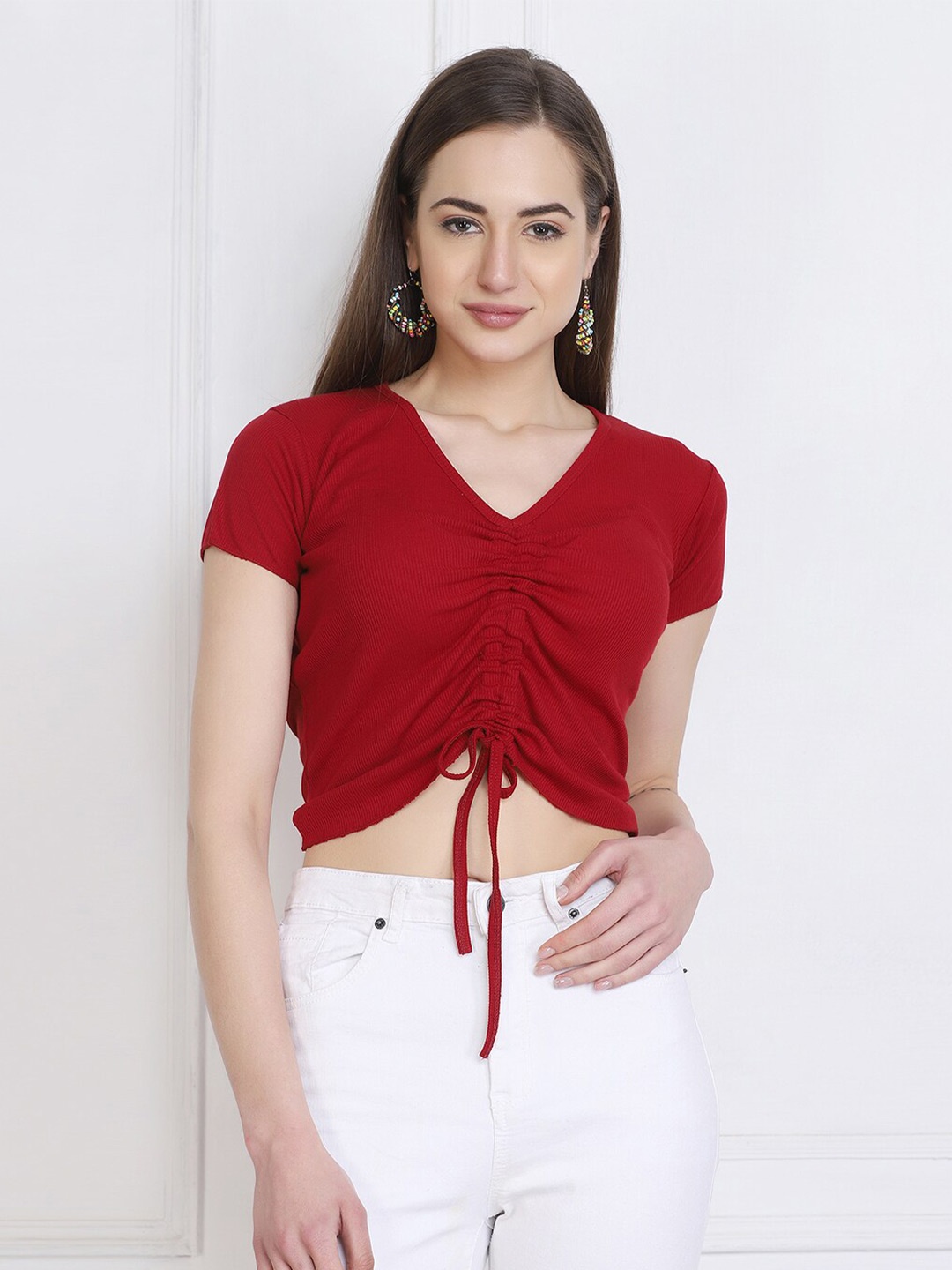 

BUY NEW TREND V-Neck Ruched Cotton Crop Top, Red