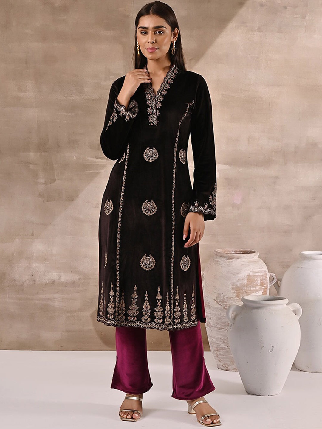 

Lakshita Women Plus Size Ethnic Motifs Embroidered Sequins Velvet Kurta, Brown
