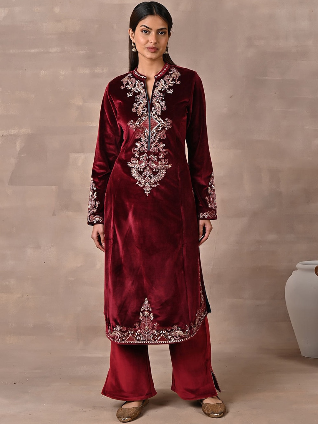 

Lakshita Women Plus size Floral Embroidered Yoke Design Long Sleeves Velvet Kurta, Maroon