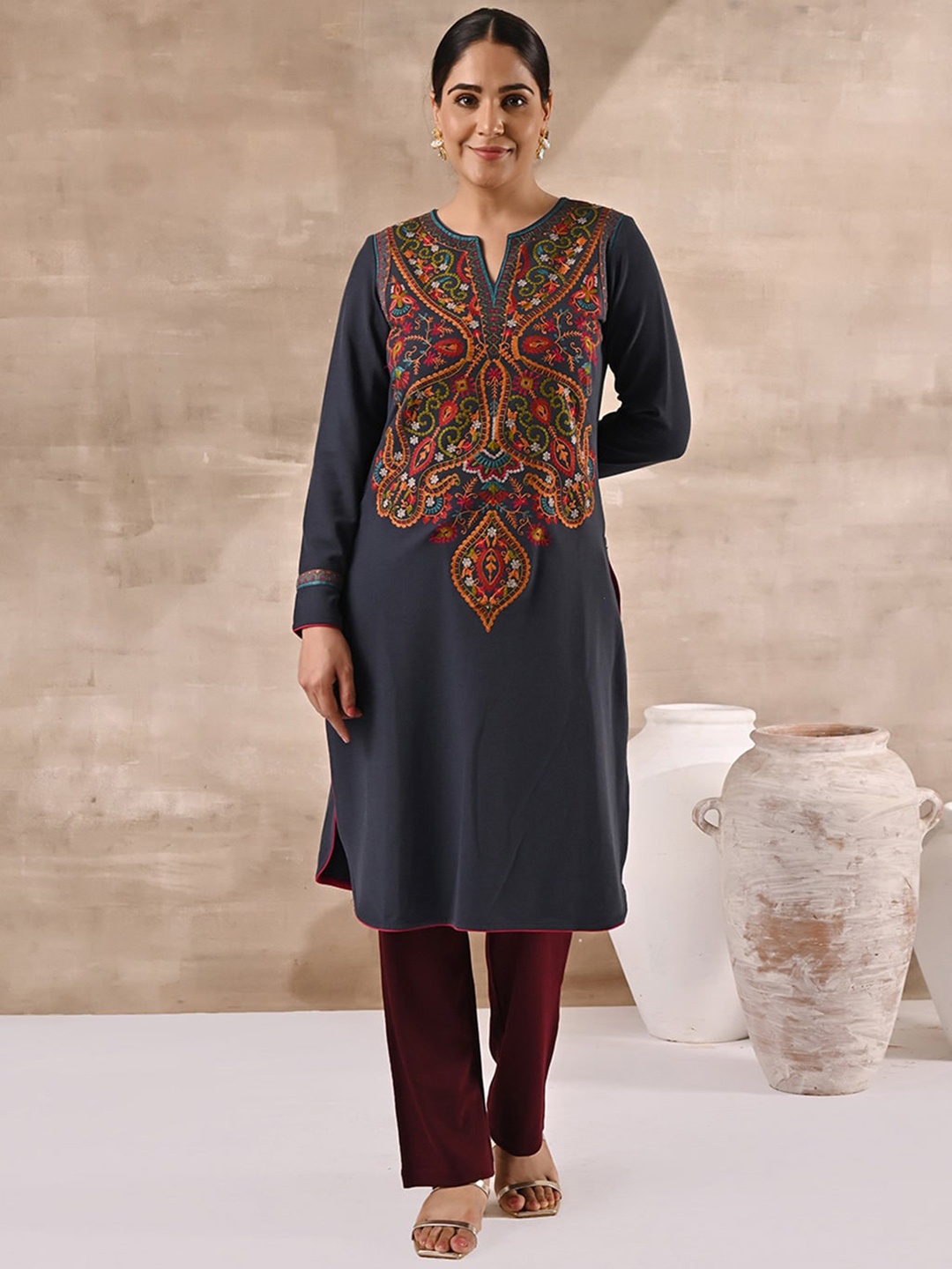

Lakshita Women Plus Size Ethnic Motif Embroidered Woolen Kurta, Grey