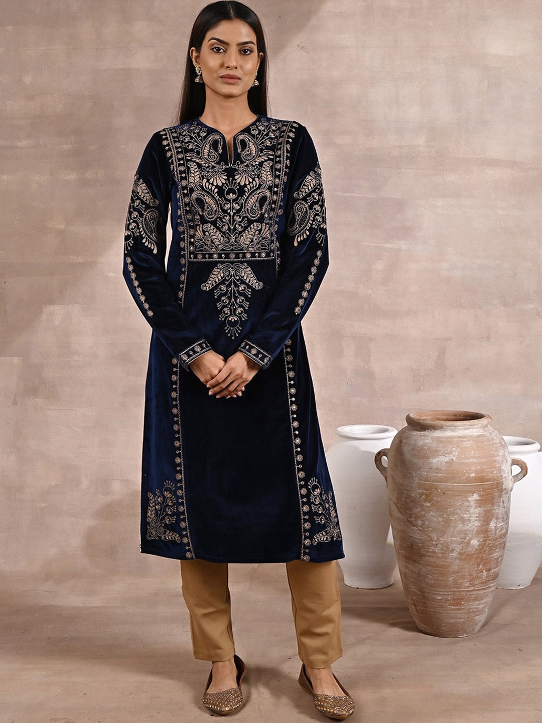 

Lakshita Women Plus Size Notched Neck Ethnic Motifs Embellished Velvet Kurta, Blue