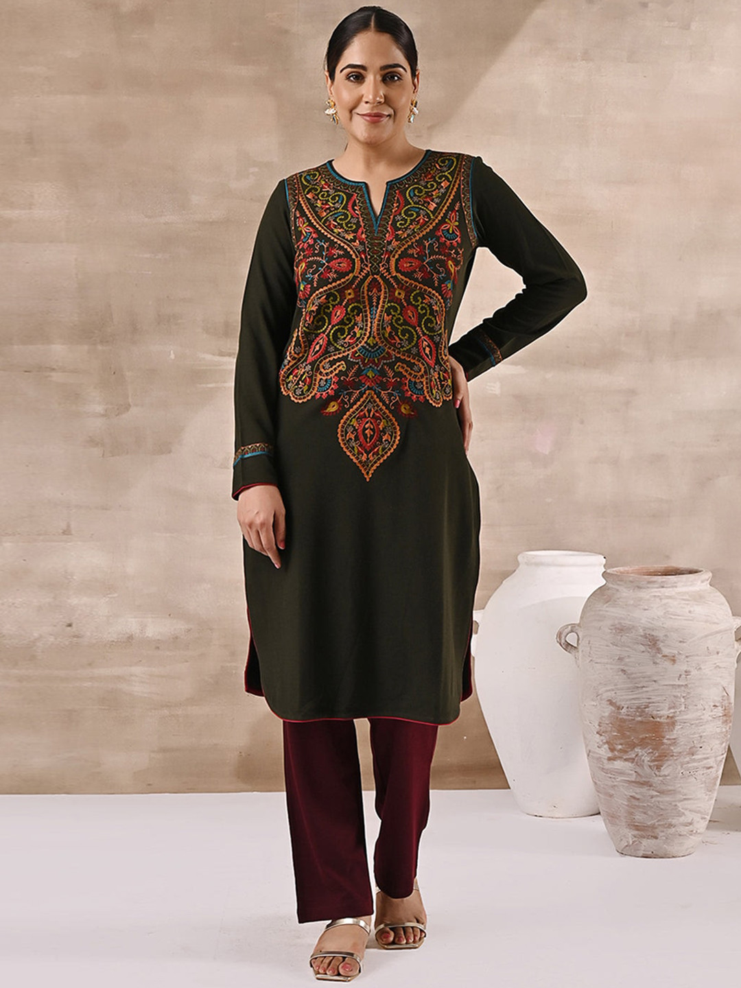 

Lakshita Women Plus Size Ethnic Motif Embroidered Woolen Kurta, Olive