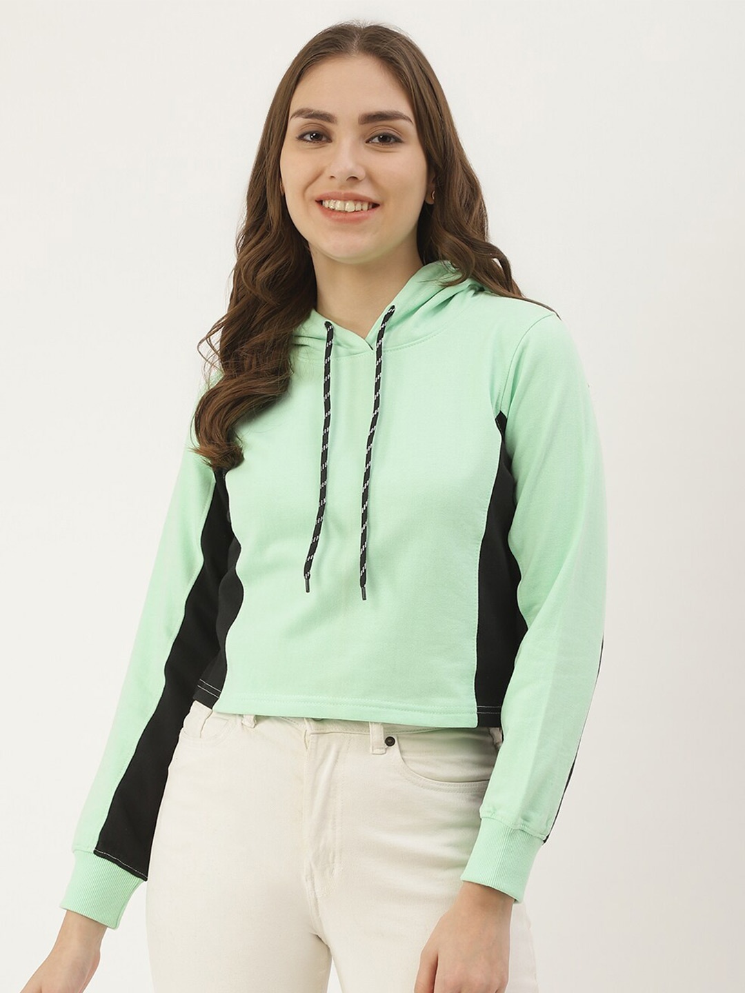 

HILL STREET Women Colorblocked Hooded Cotton Pullover Sweatshirt, Turquoise blue