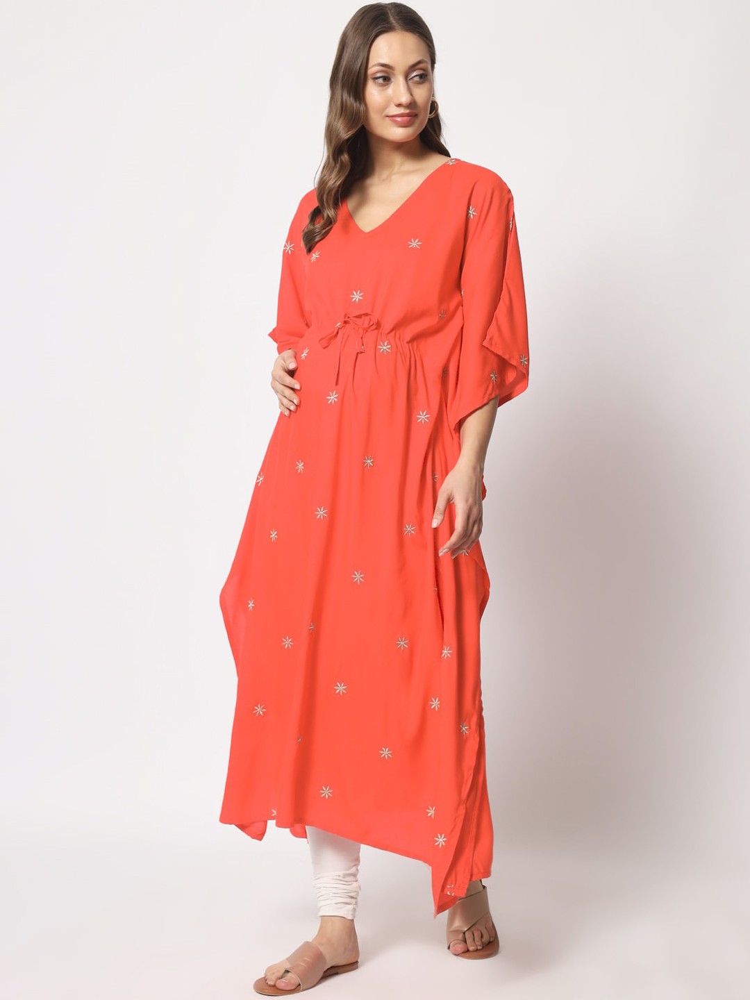 

Aujjessa Women Ethnic Motifs Embroidered Maternity Kaftan Kurta, Coral