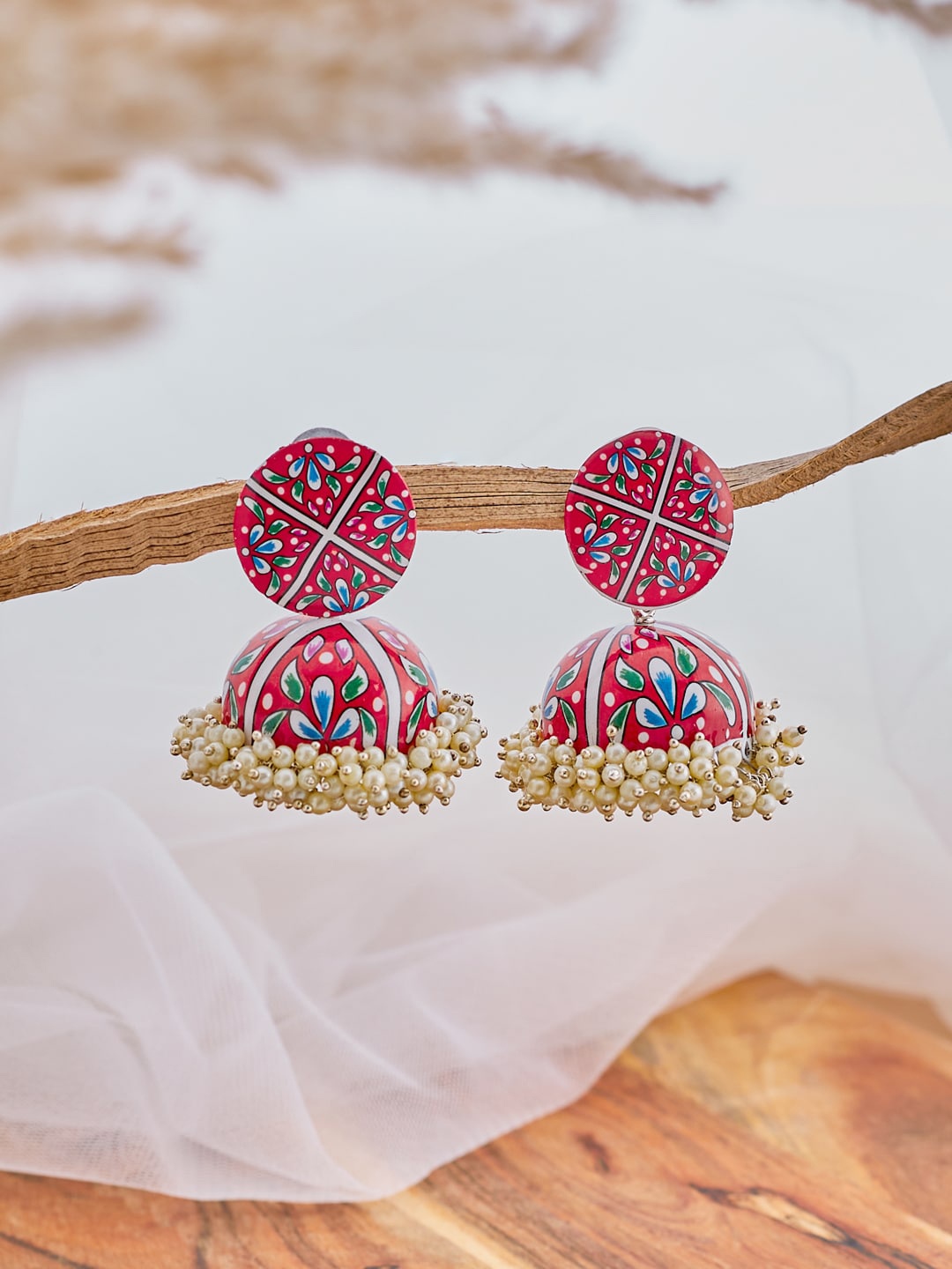 

ATIBELLE Circular Gold-Plated Jhumkas Earrings, Red