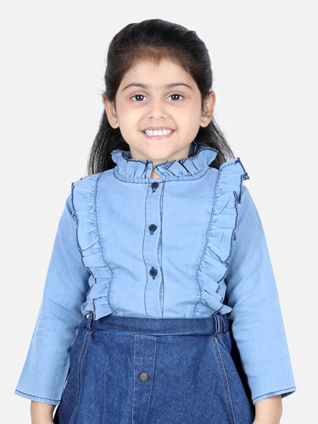 

AWW HUNNIE Girls Ruffled Denim Casual Shirt, Blue
