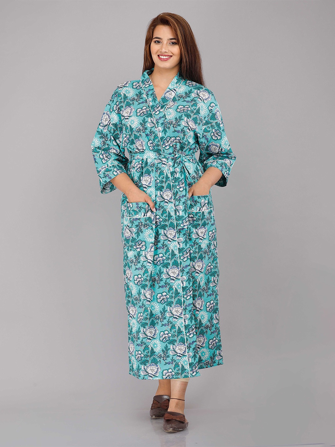 

SHOOLIN Floral Printed Pure Cotton Midi Nightdress, Blue