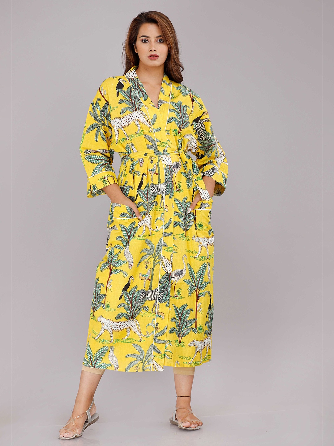 

SHOOLIN Floral Printed V-Neck Pure Cotton Midi Nightdress, Yellow