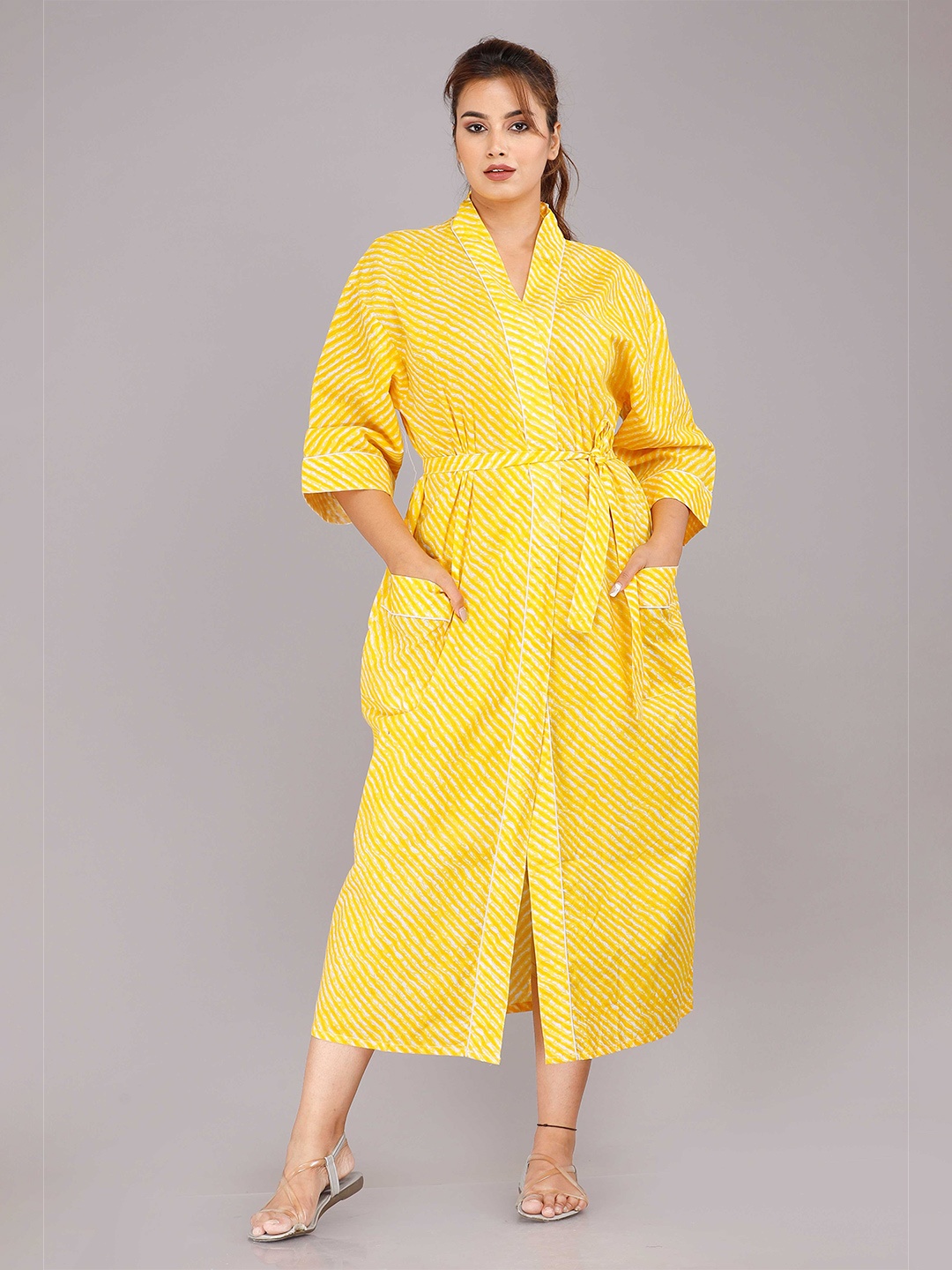 

SHOOLIN Striped V-Neck Pure Cotton Midi Nightdress, Yellow