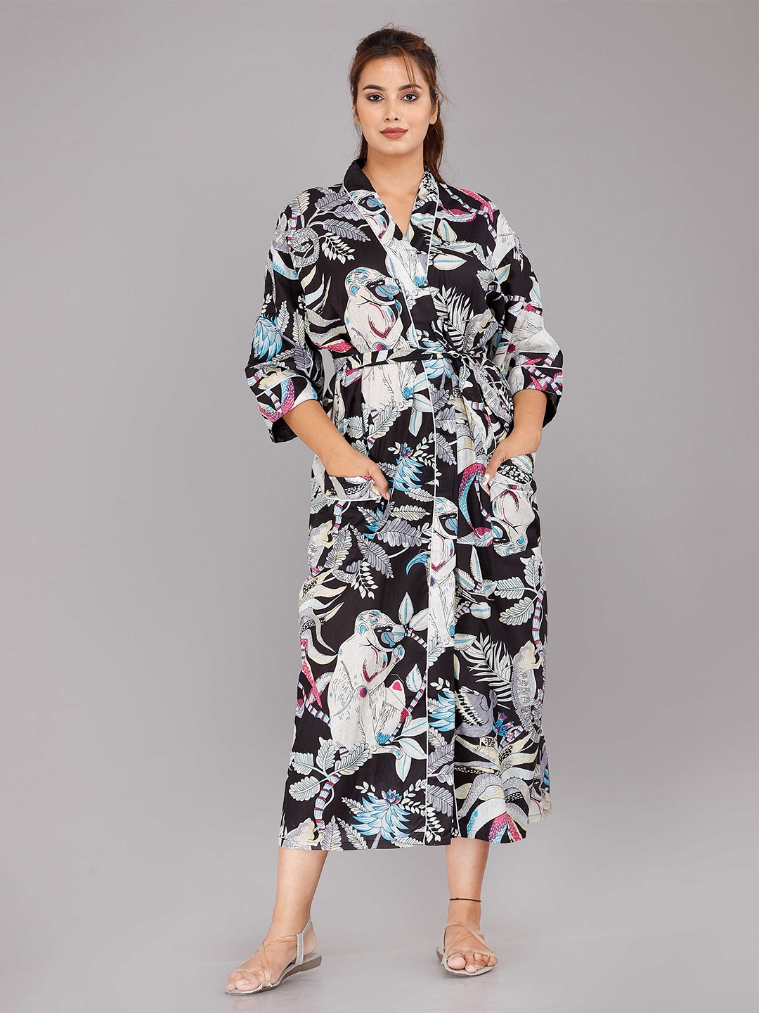 

SHOOLIN Floral Printed V-Neck Pure Cotton Midi Nightdress, Black