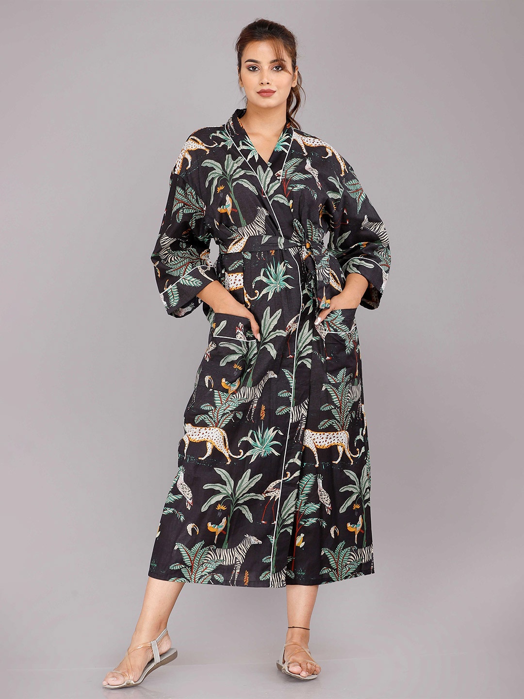 

SHOOLIN Floral Printed V-Neck Pure Cotton Midi Nightdress, Black