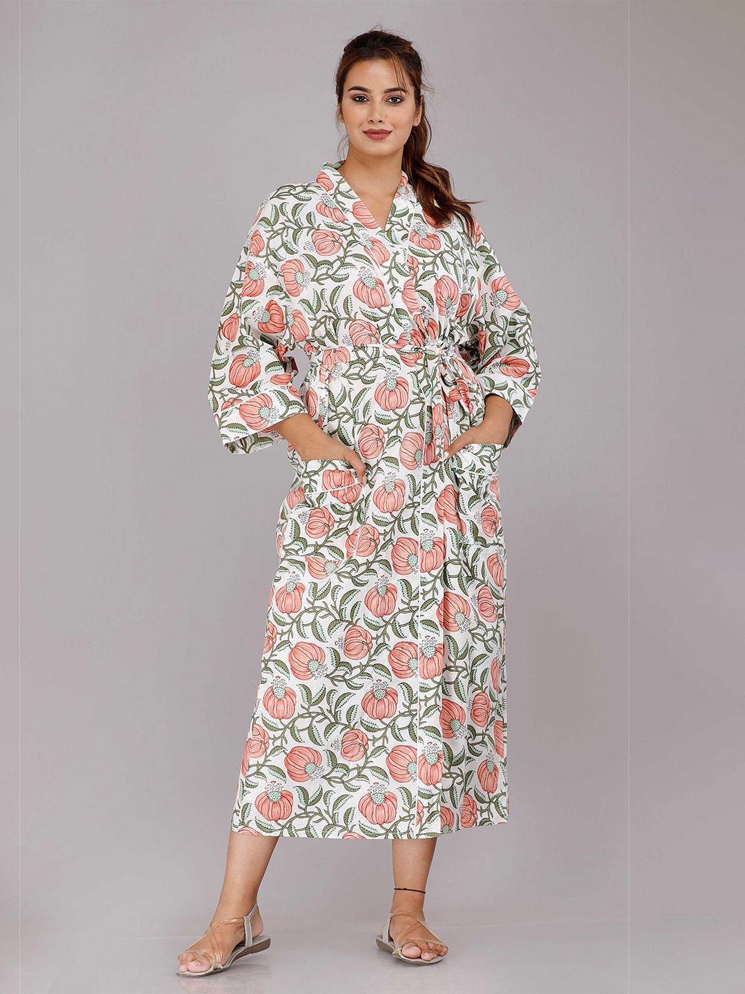 

SHOOLIN Floral Printed V-Neck Pure Cotton Midi Nightdress, White