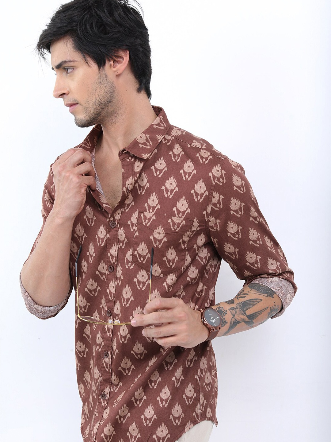 

KETCH Men Slim Fit Floral Printed Cotton Casual Shirt, Brown