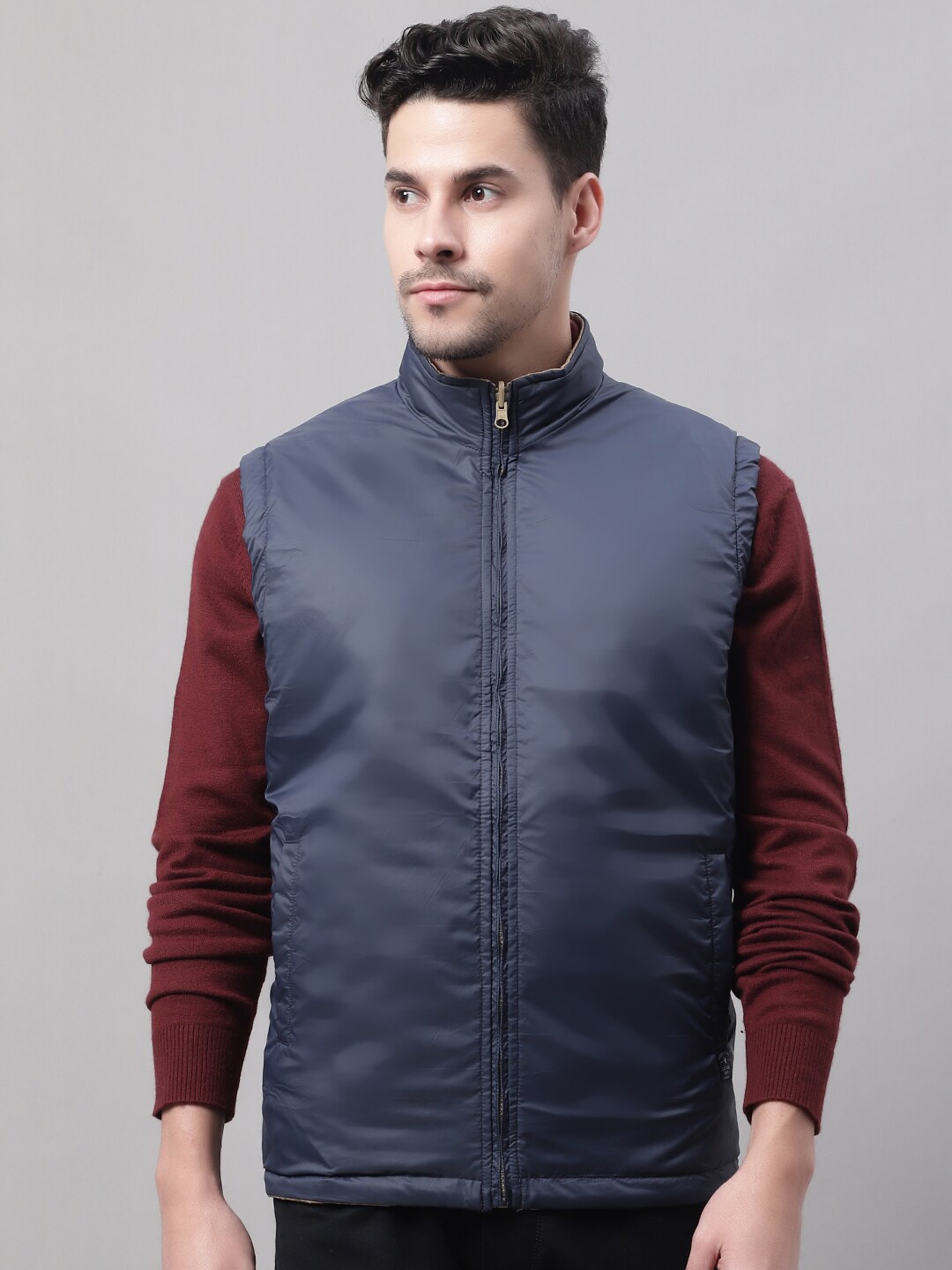 

Cantabil Men Mock Collar Reversible Quilted Jacket, Beige