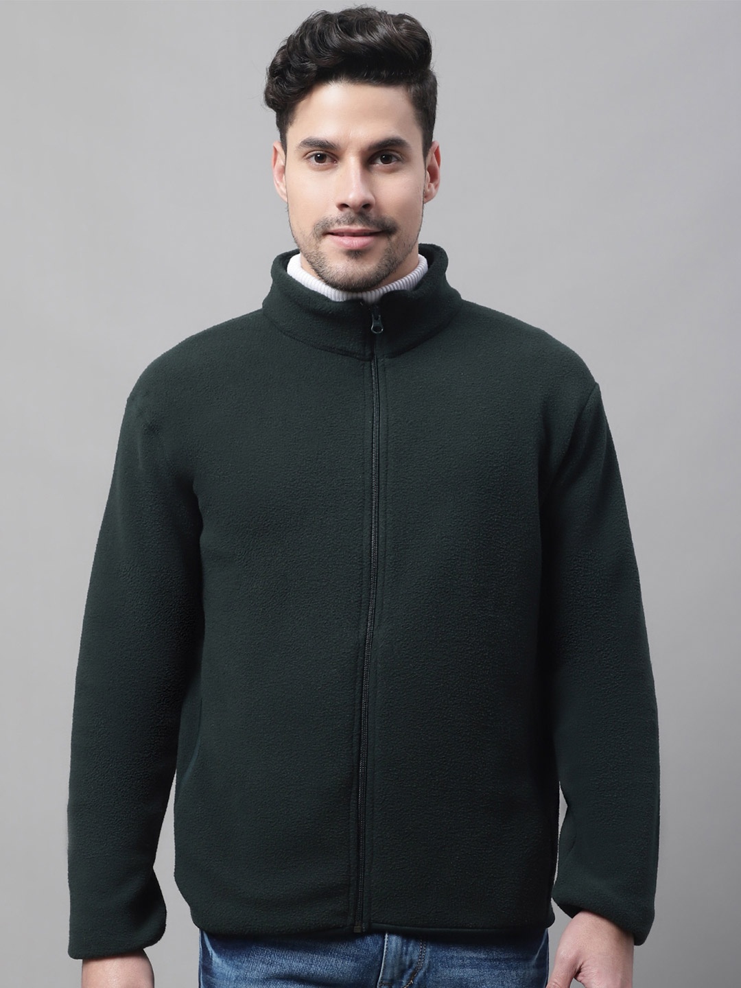 

Cantabil Mock Neck Straight Hem Front-Open Fleece Sweatshirt, Green